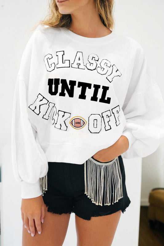 White Classy Until Kickoff Plush Letter Patched Loose Sweatshirt-Tops/Sweatshirts & Hoodies-[Adult]-[Female]-2022 Online Blue Zone Planet
