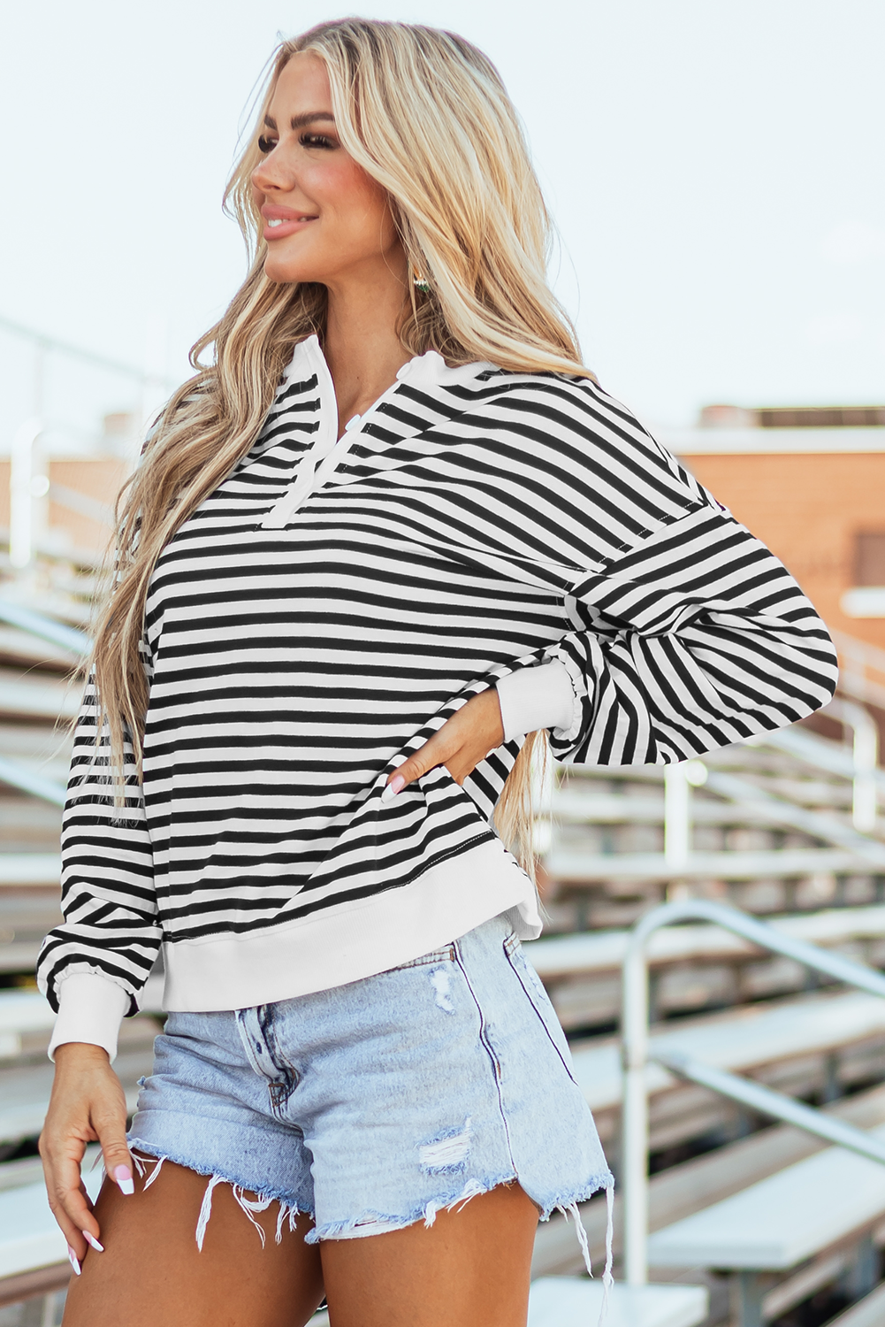 White Stripe Color Block Buttoned Crew Neck Oversized Sweatshirt-Tops/Sweatshirts & Hoodies-[Adult]-[Female]-2022 Online Blue Zone Planet