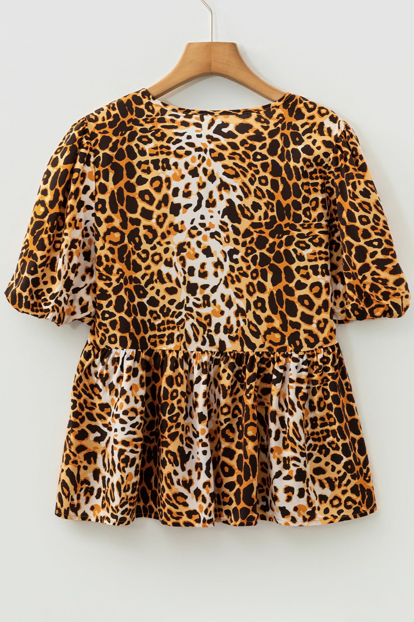 Leopard Print Short Puff Sleeve Slit Neck Babydoll Blouse-Tops/Blouses & Shirts-[Adult]-[Female]-2022 Online Blue Zone Planet