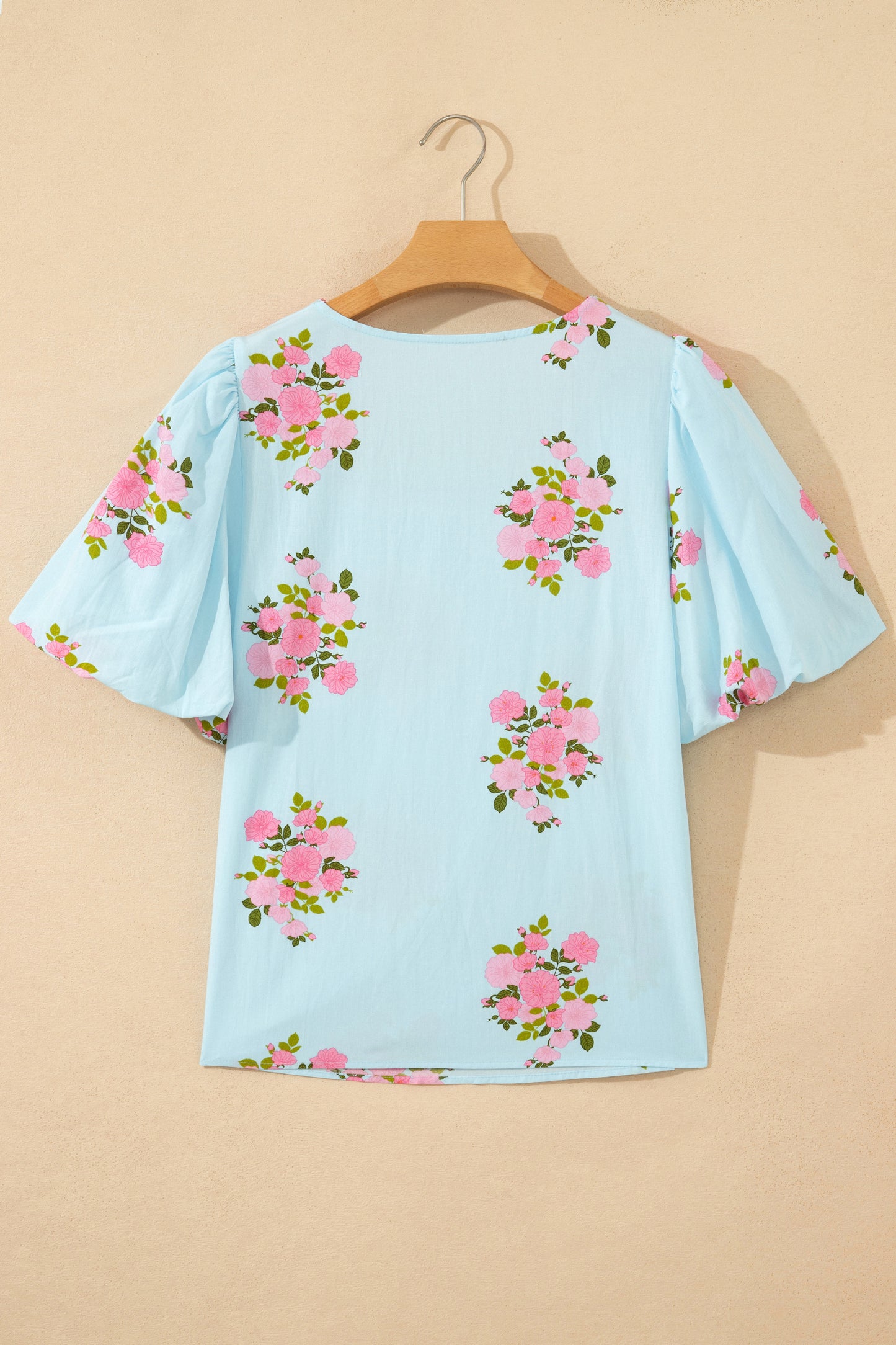 Sky Blue Floral Printed Contrast Ricrac Detail Bubble Sleeve Blouse-Tops/Blouses & Shirts-[Adult]-[Female]-2022 Online Blue Zone Planet