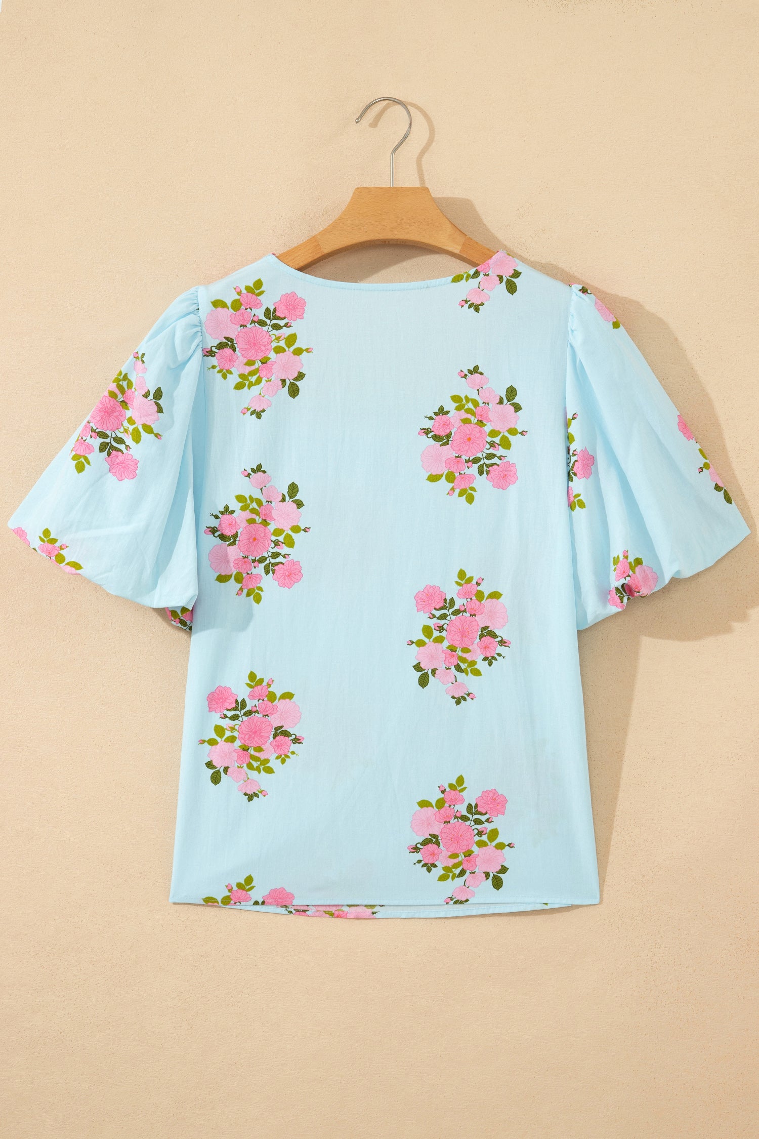 Sky Blue Floral Printed Contrast Ricrac Detail Bubble Sleeve Blouse-Tops/Blouses & Shirts-[Adult]-[Female]-2022 Online Blue Zone Planet