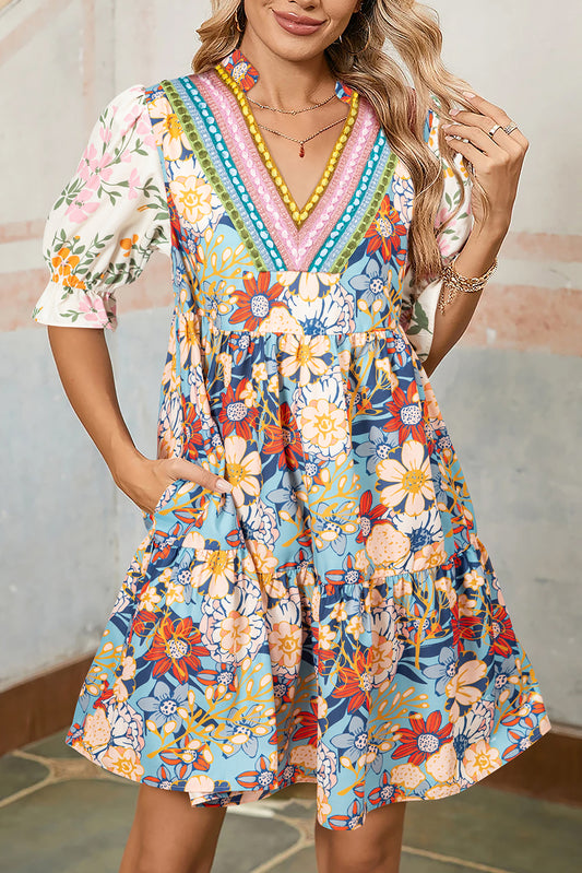 Multicolour Boho Floral Print Crochet Patchwork V Neck Loose Mini Dress-Dresses/Mini Dresses-[Adult]-[Female]-Multicolour-S-2022 Online Blue Zone Planet
