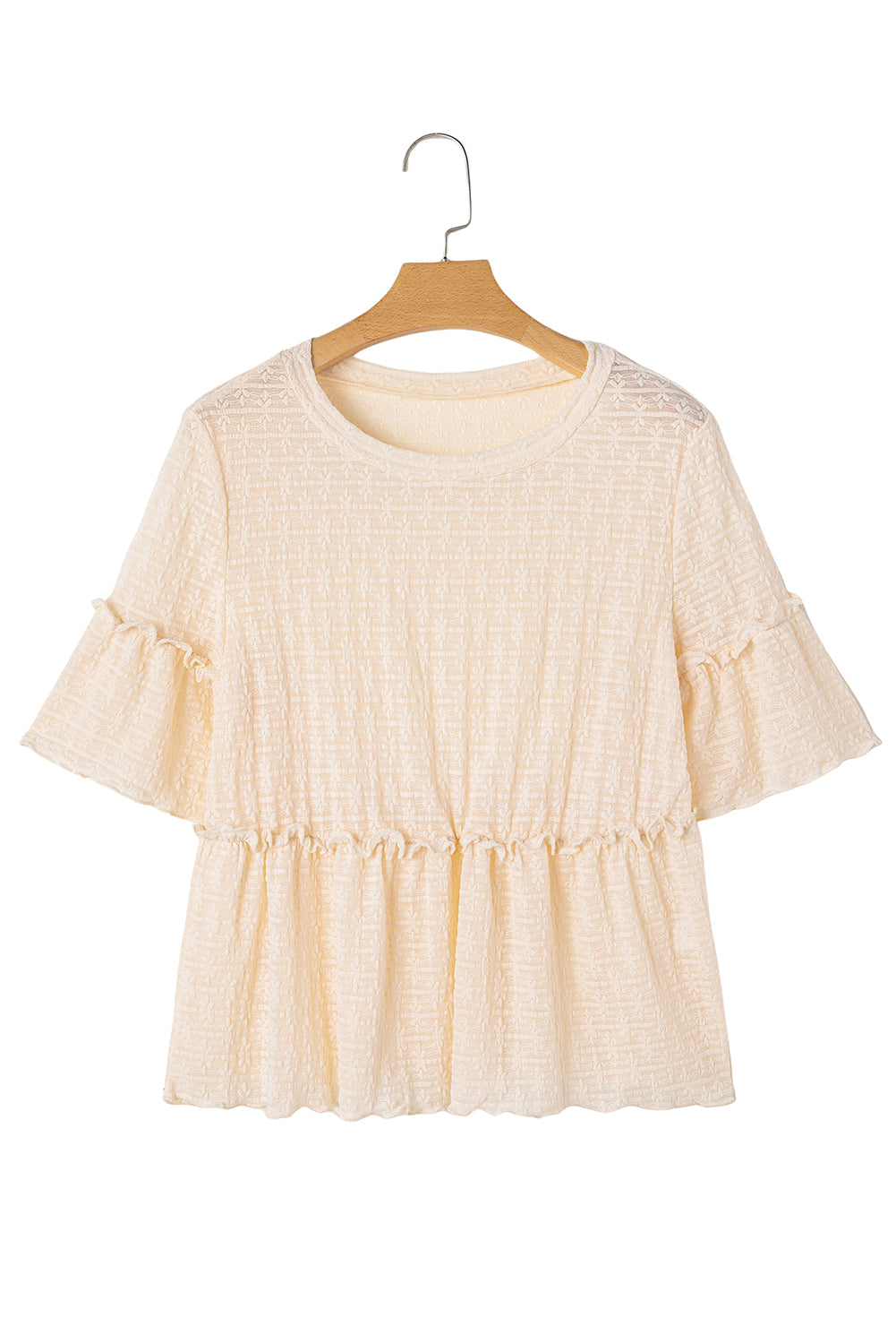 Beige Solid Color Textured Ruffled Short Sleeve Blouse-Tops/Blouses & Shirts-[Adult]-[Female]-2022 Online Blue Zone Planet