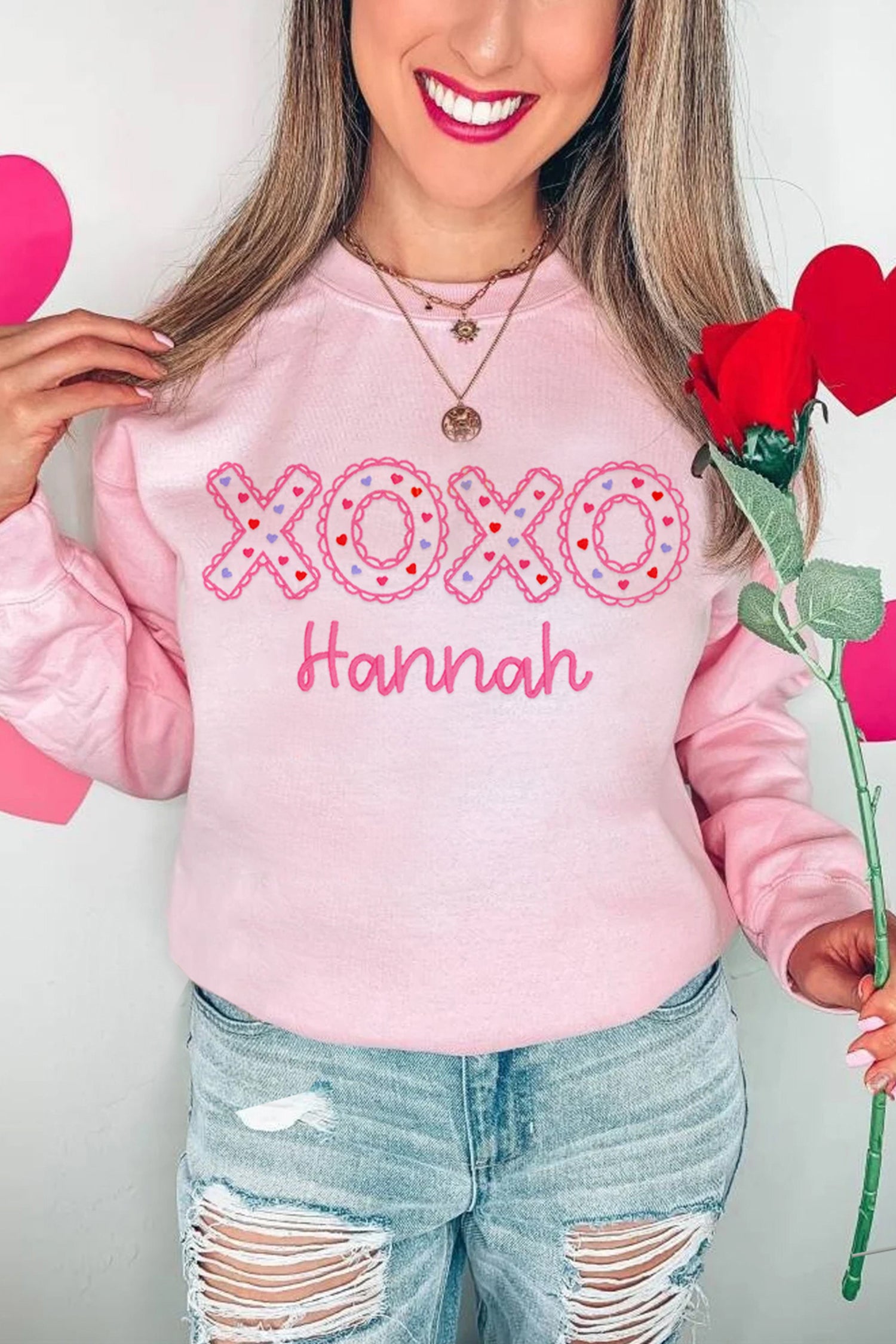 Pink Playful XOXO Letter Embroidered Hannah Pullover Sweatshirt-Graphic Sweatshirts-[Adult]-[Female]-Pink-L-2022 Online Blue Zone Planet