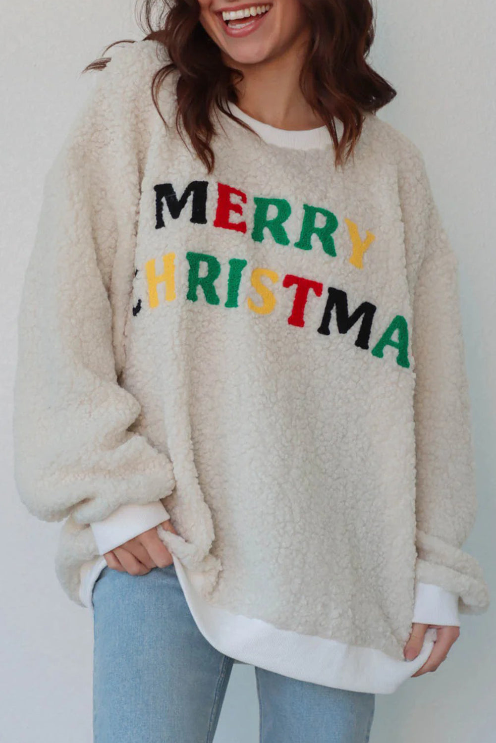 White MERRY CHRISTMAS Multicolor Embroidered Sherpa Pullover Sweatshirt-Tops/Sweatshirts & Hoodies-[Adult]-[Female]-White-S-2022 Online Blue Zone Planet