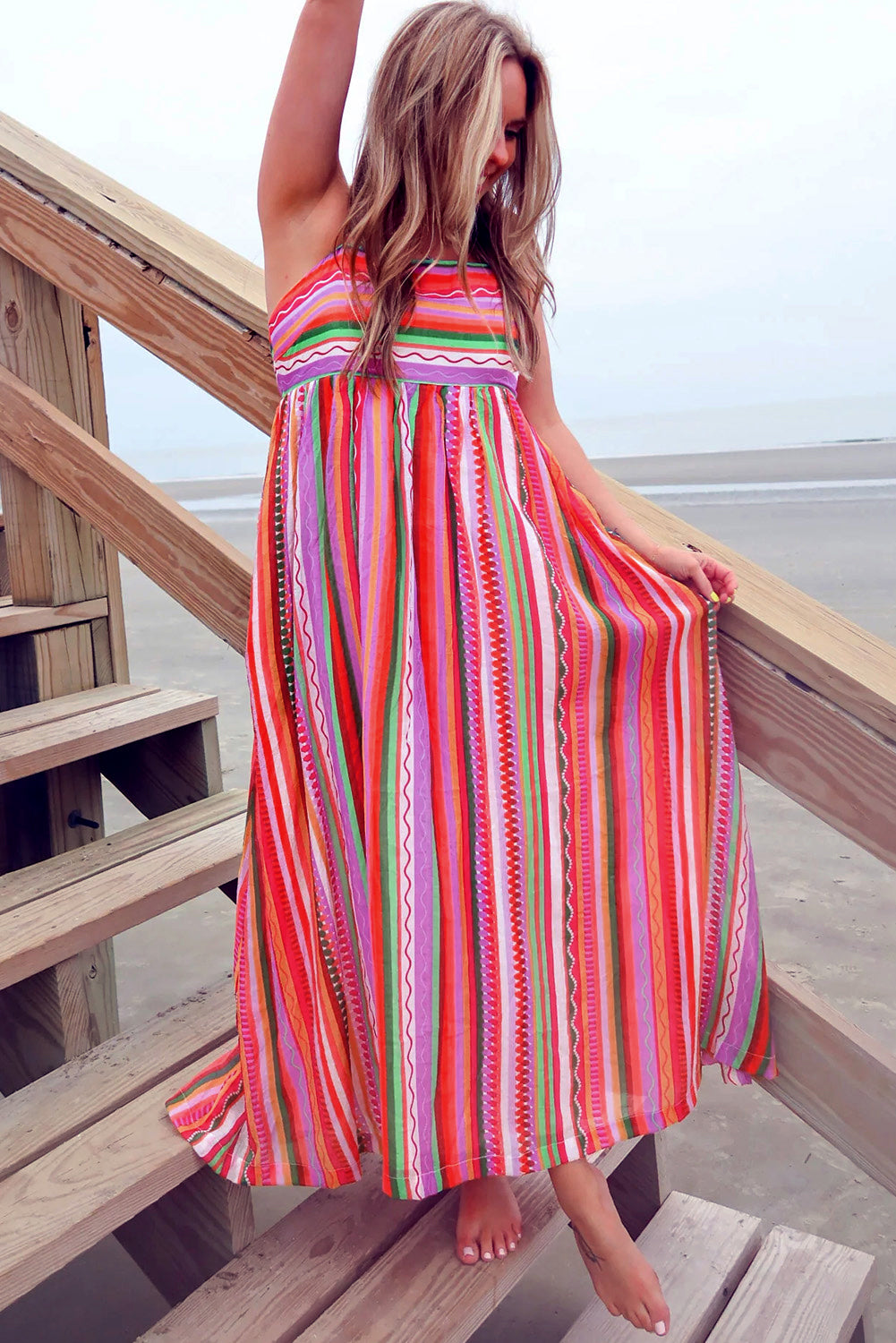 Blue Zone Planet |  Marisol's Multicolour Striped Thin Straps Smocked Back Boho Maxi Dress Blue Zone Planet