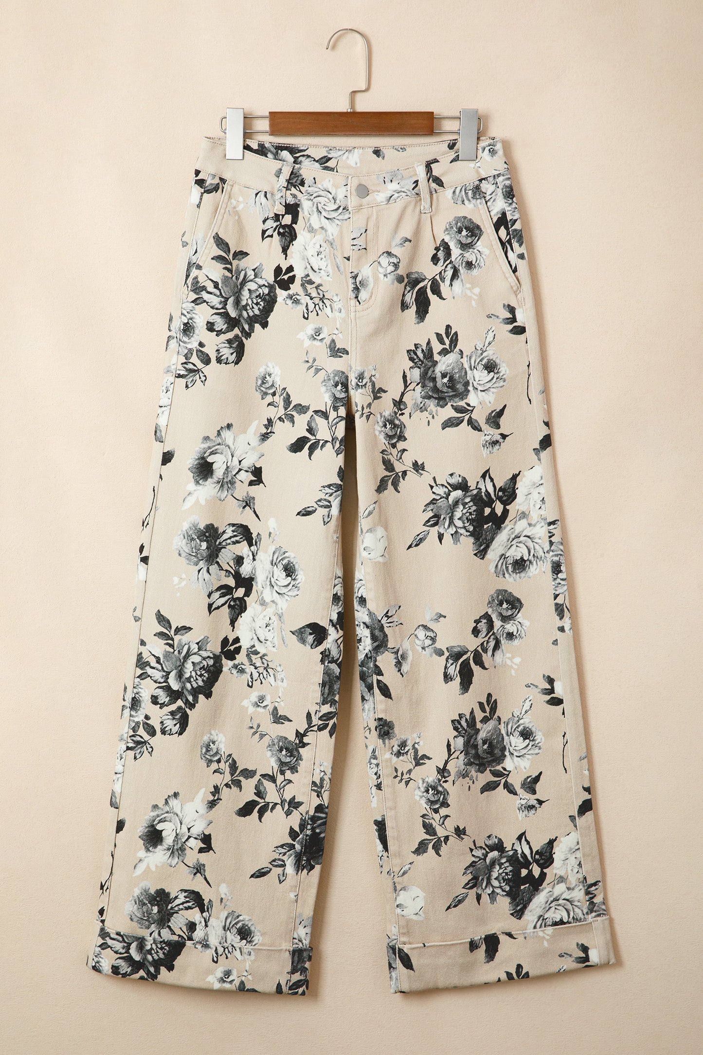 Beige Retro Floral Print Turn-up Cuffed Hem Loose Jeans-Bottoms/Jeans-[Adult]-[Female]-2022 Online Blue Zone Planet