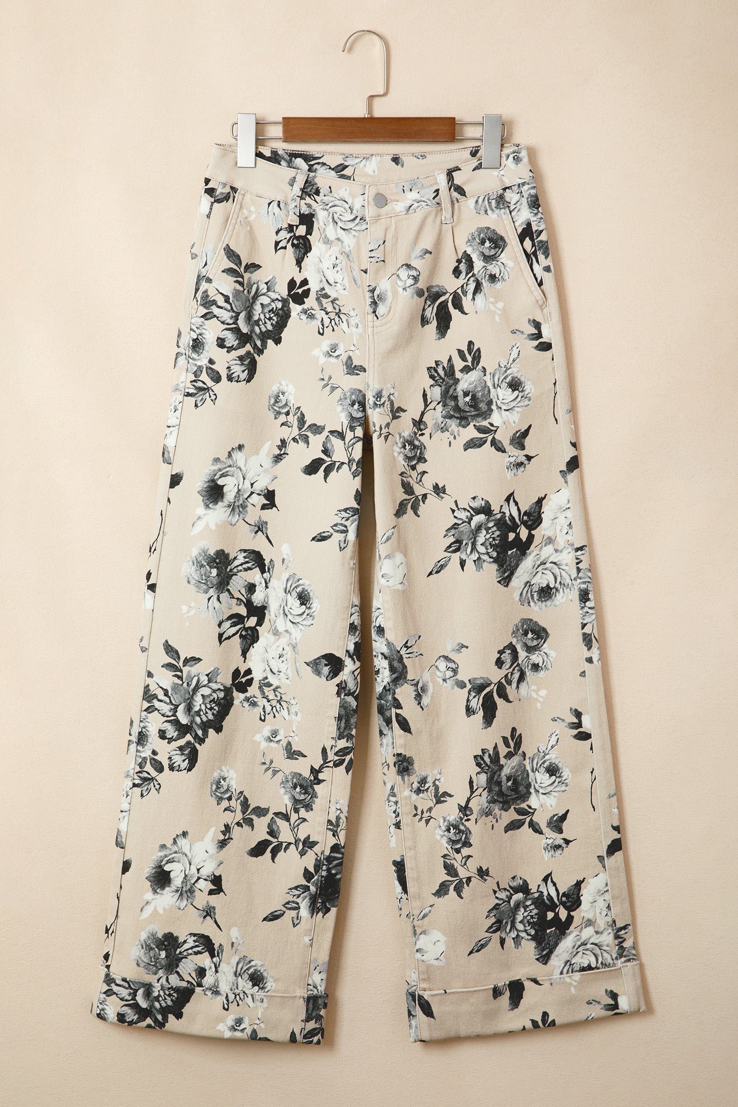 Beige Retro Floral Print Turn-up Cuffed Hem Loose Jeans-Bottoms/Jeans-[Adult]-[Female]-2022 Online Blue Zone Planet