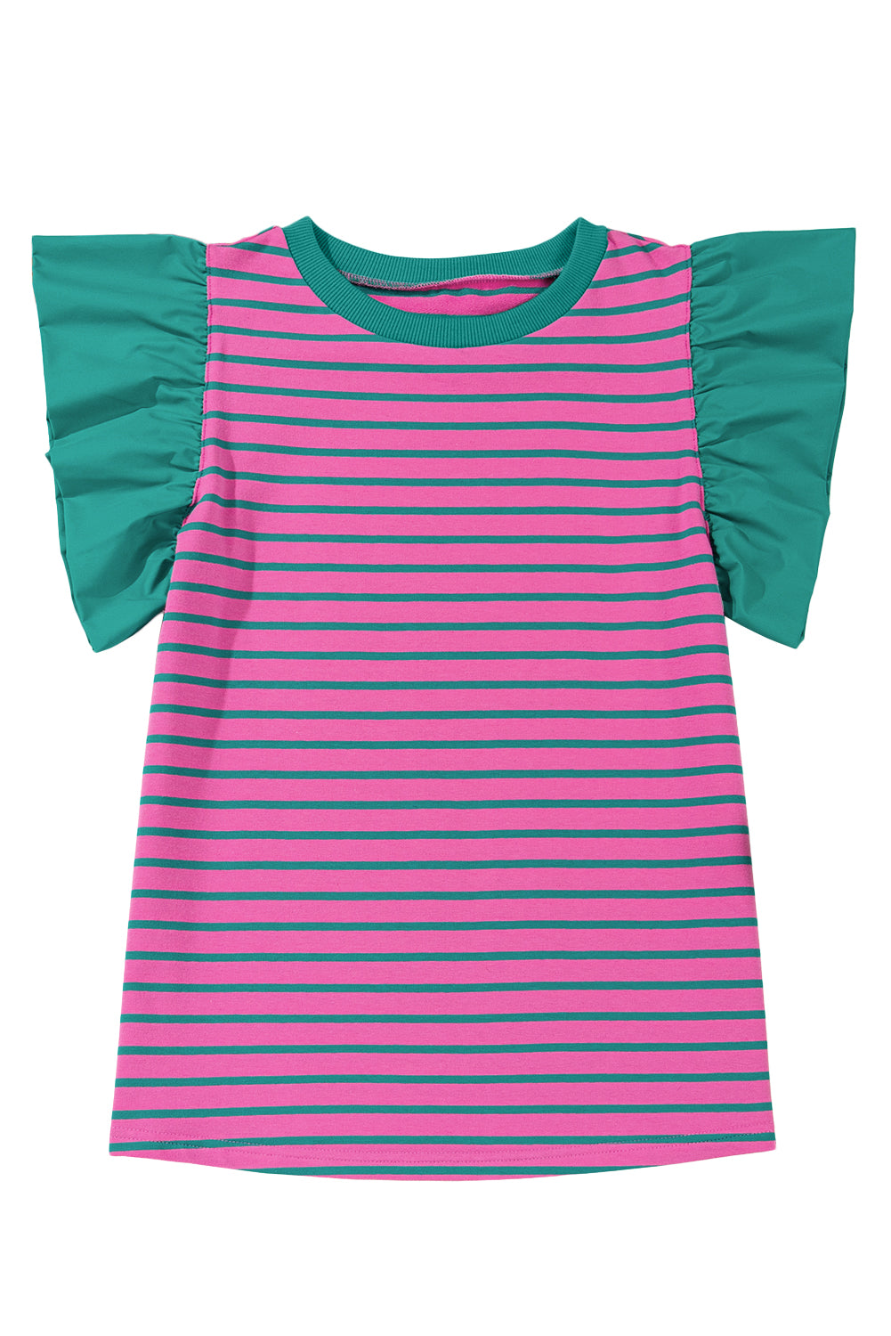 Pink Stripe Colorblock Ruffled Sleeve Crew Neck Blouse-Blouses-[Adult]-[Female]-2022 Online Blue Zone Planet