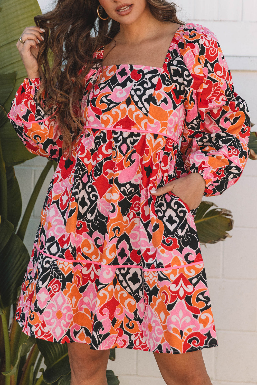 Blue Zone Planet | Pink Bohemian Square Neck Puff Sleeve Mini Dress-TOPS / DRESSES-[Adult]-[Female]-2022 Online Blue Zone Planet