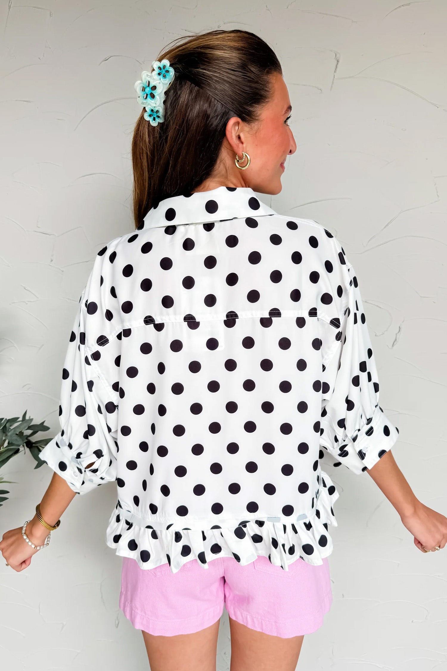 White Polka Dot Print Three Quarter Sleeve Ruffle Hem Casual Shirt-Tops/Blouses & Shirts-[Adult]-[Female]-2022 Online Blue Zone Planet