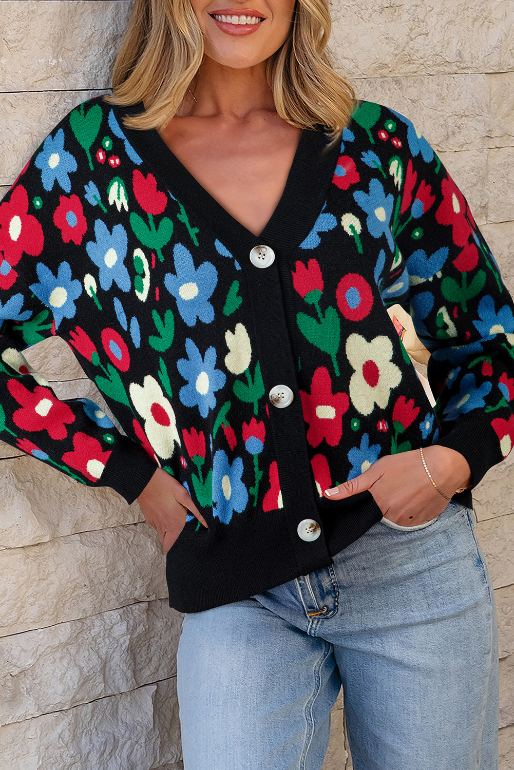 Black Floral Print V Neck Buttoned Short Cardigan Sweater-TOPS / DRESSES-[Adult]-[Female]-Black-S-2022 Online Blue Zone Planet