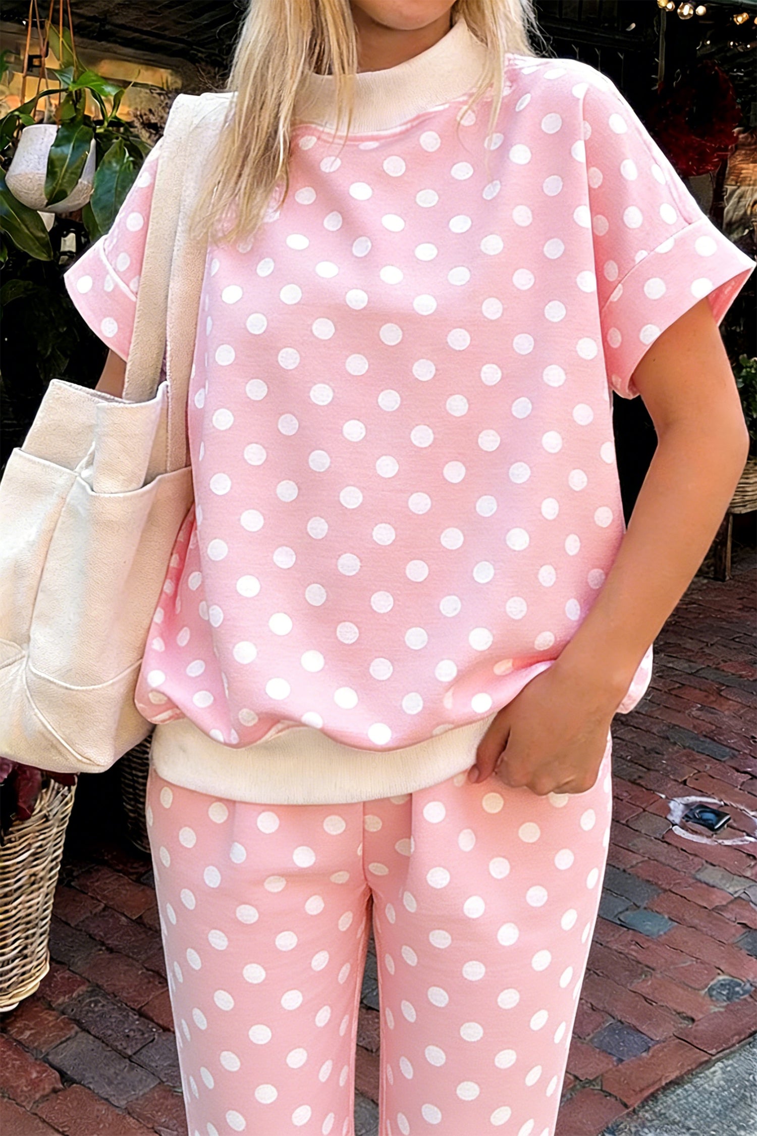 Pink Polka Dot Print Mock Neck Short Sleeve Top Shift Pant Set-Two Piece Sets/Pant Sets-[Adult]-[Female]-2022 Online Blue Zone Planet
