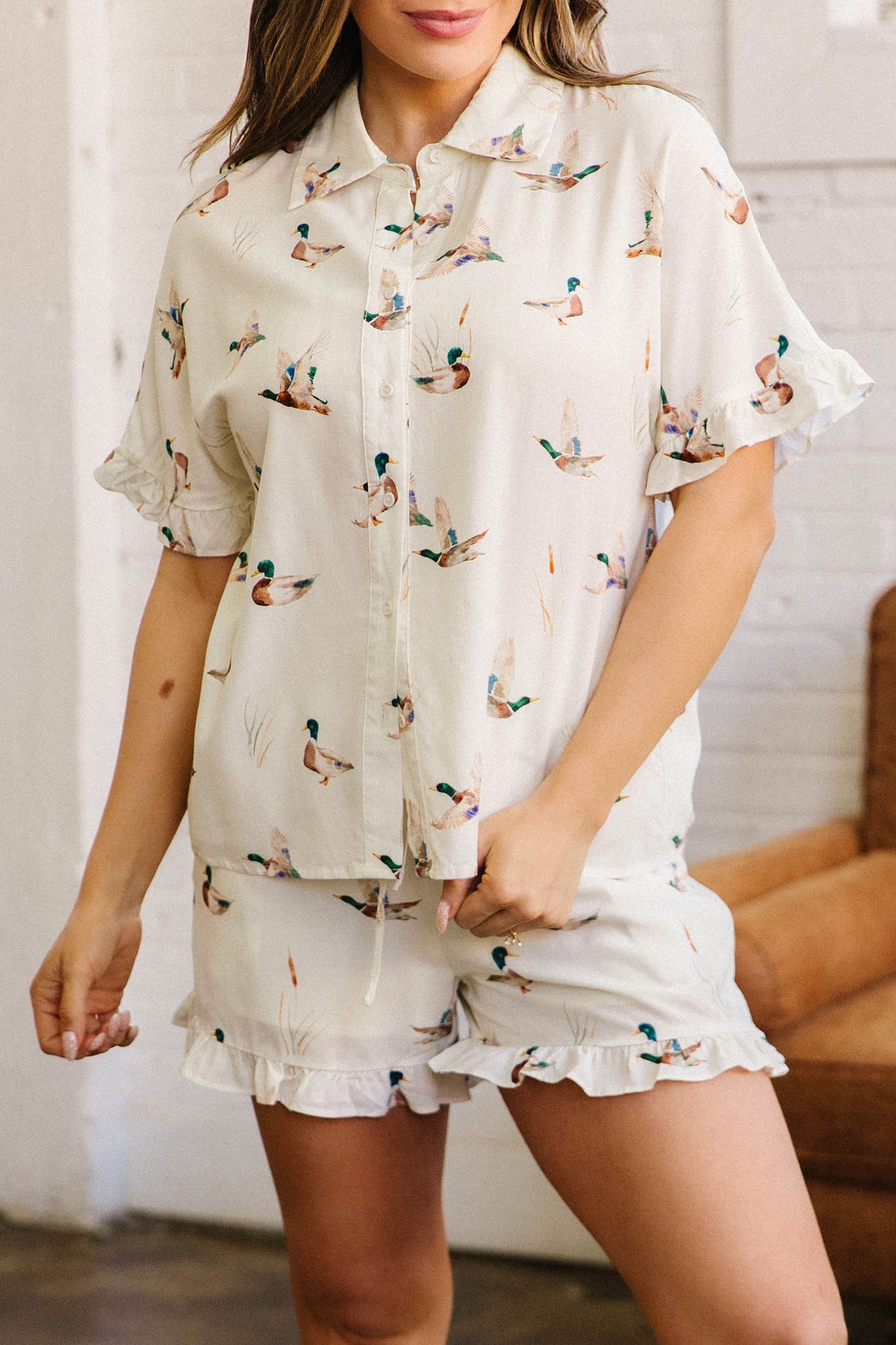 Beige Mallard Print Shirt Style Short Two Piece Set-Two Piece Sets/Short Sets-[Adult]-[Female]-2022 Online Blue Zone Planet