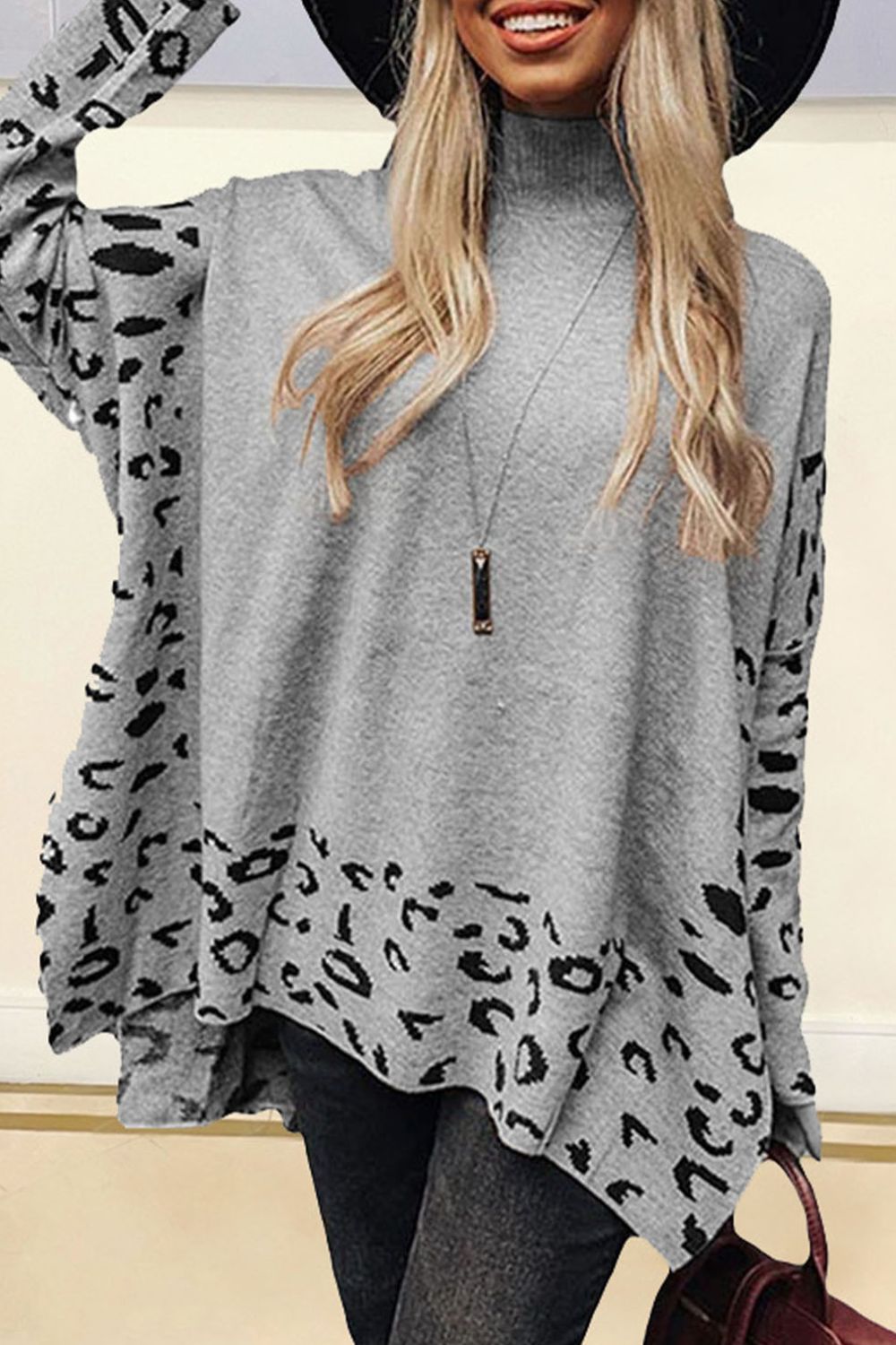 Blue Zone Planet | Slit Leopard Mock Neck Dropped Shoulder Sweater-TOPS / DRESSES-[Adult]-[Female]-Gray-S-2022 Online Blue Zone Planet