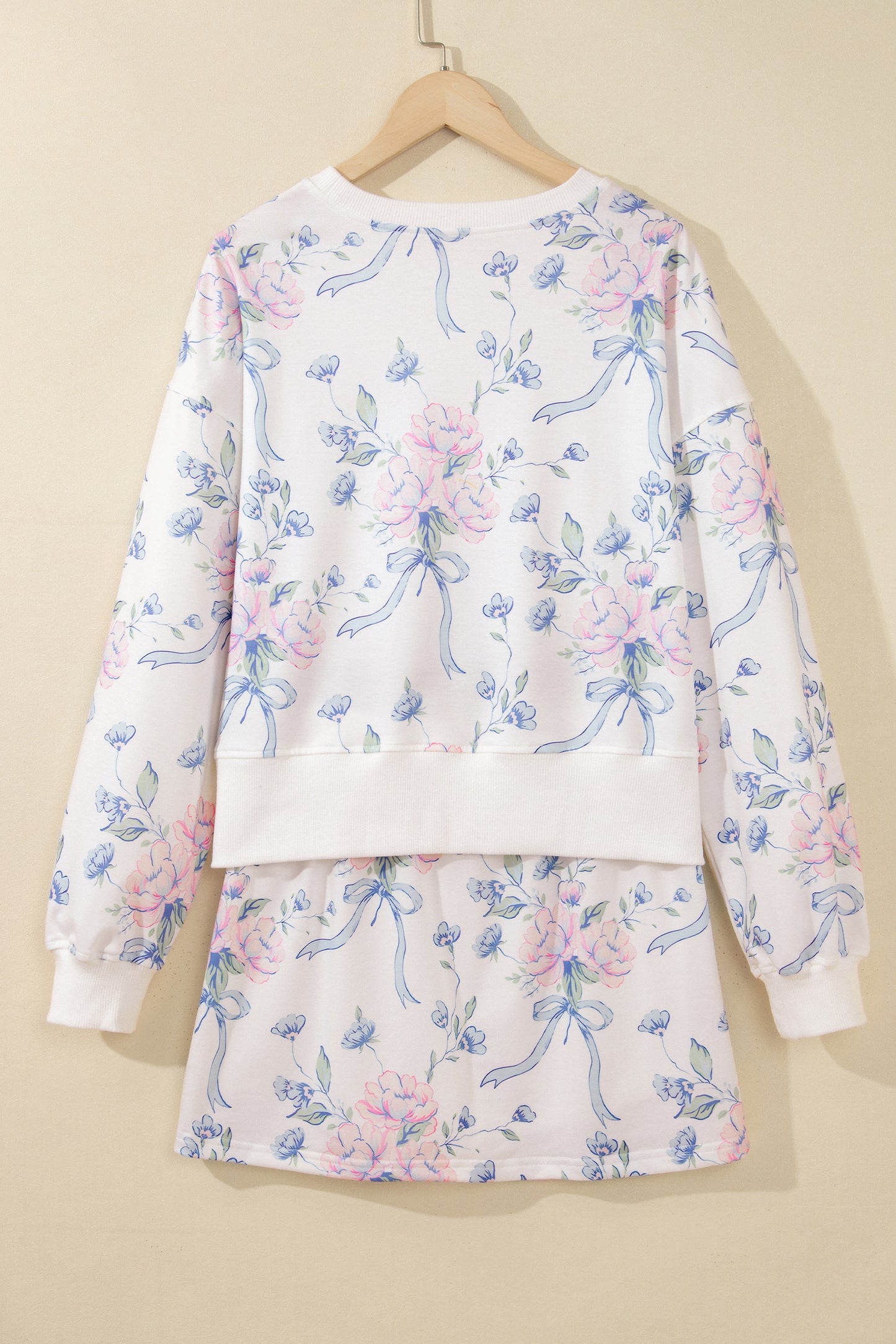 White Floral Print Long Sleeve Top Elastic Waist Skort Two Piece Dresses-TOPS / DRESSES-[Adult]-[Female]-2022 Online Blue Zone Planet
