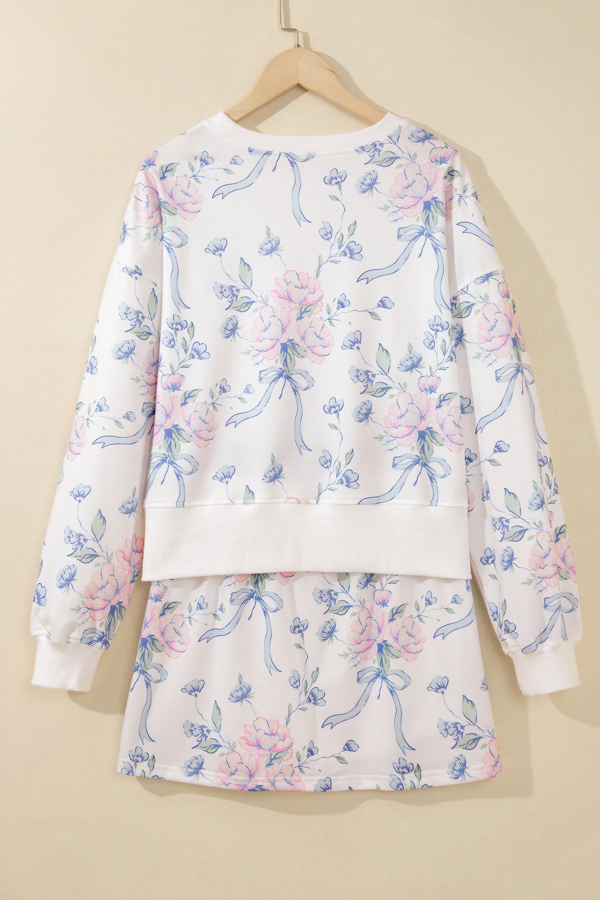 White Floral Print Long Sleeve Top Elastic Waist Skort Two Piece Dresses-TOPS / DRESSES-[Adult]-[Female]-2022 Online Blue Zone Planet