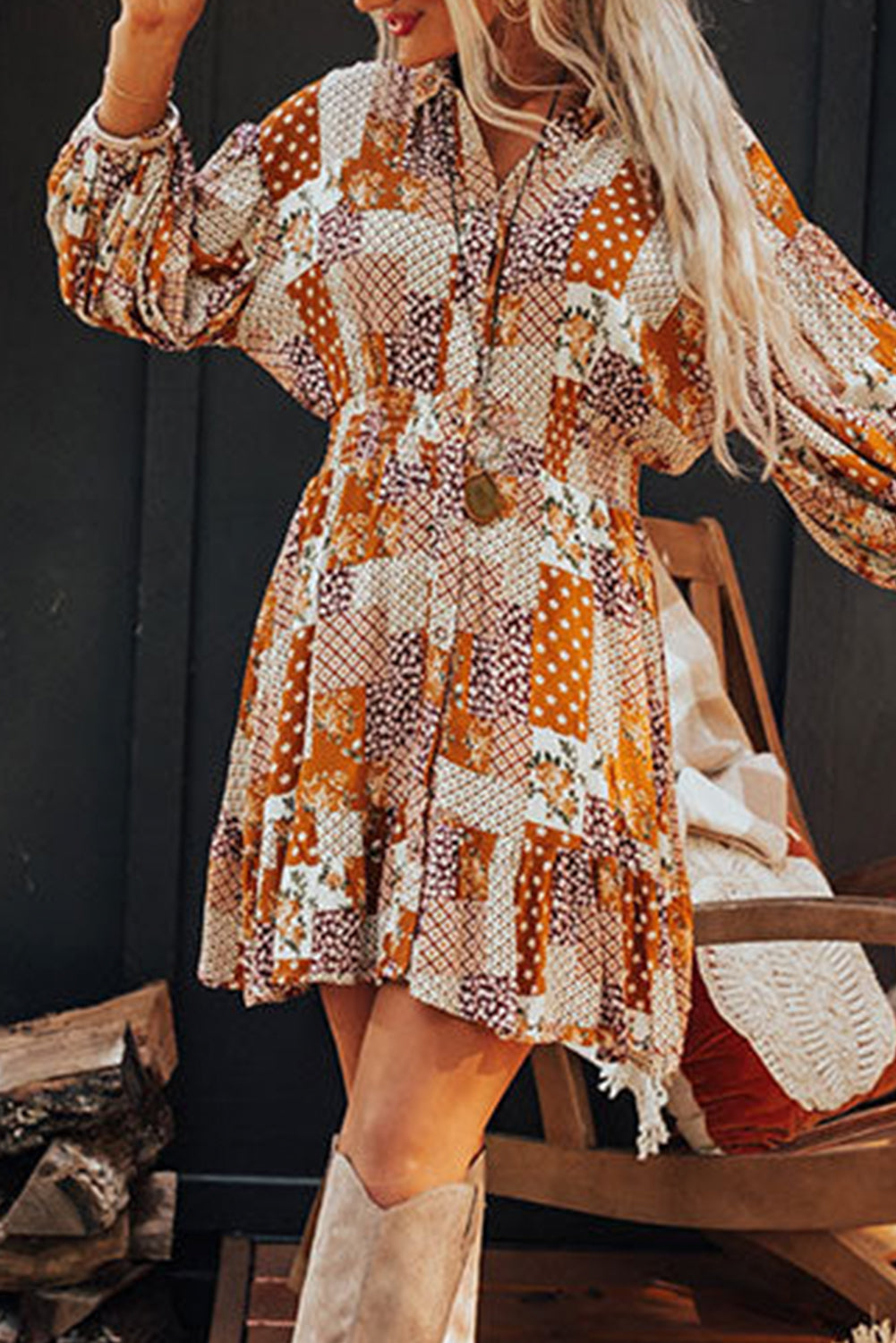 Orange Boho Floral Puff Sleeve Smocked Waist Mini Shirt Dress-Dresses/Mini Dresses-[Adult]-[Female]-Orange-S-2022 Online Blue Zone Planet