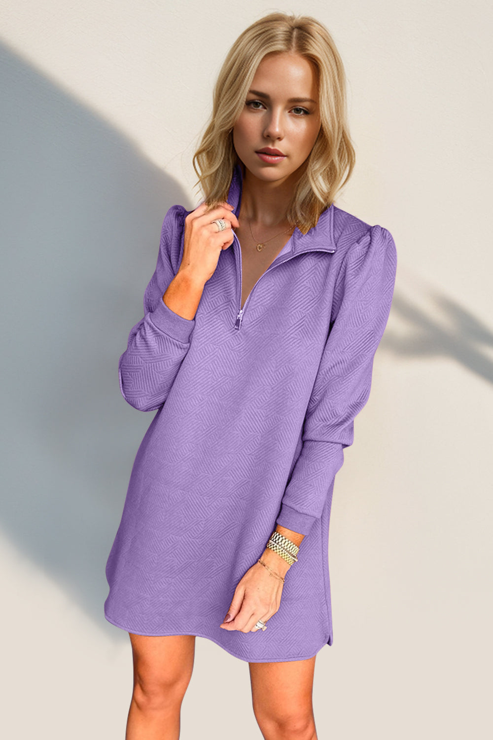 Blue Zone Planet | Double Take Textured Quarter Zip Long Sleeve Dress-TOPS / DRESSES-[Adult]-[Female]-2022 Online Blue Zone Planet