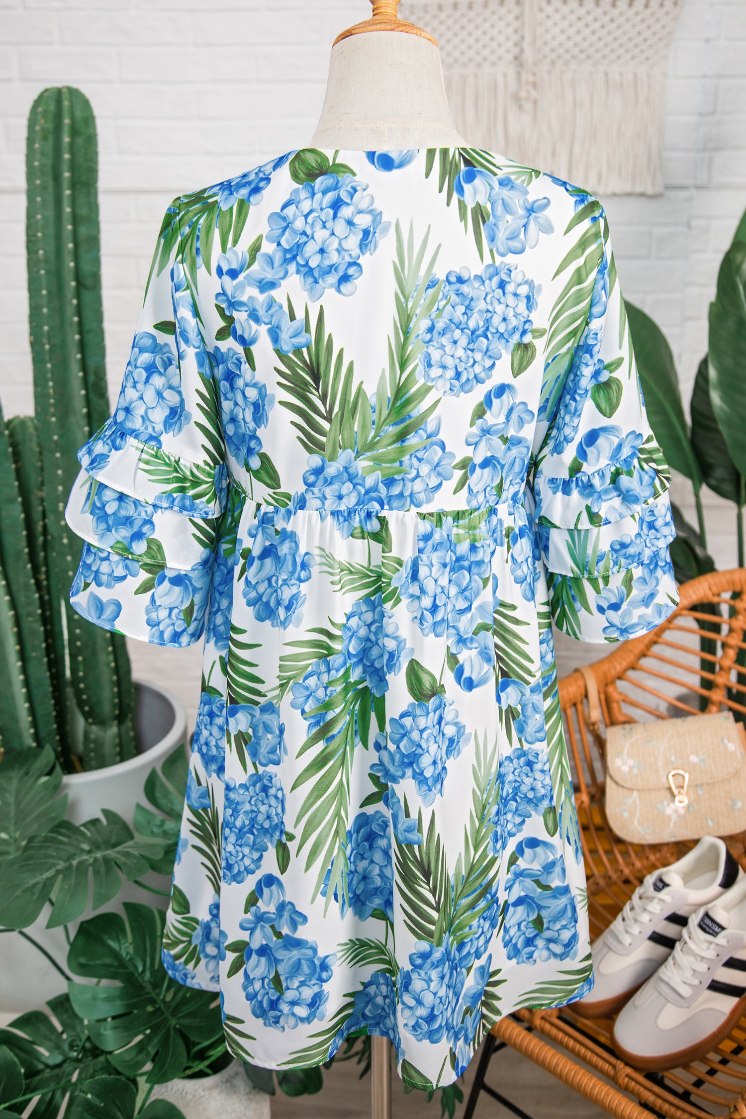 Sky Blue Palm Floral Print Contrast Ribbon Knot Ruffle Tiered Sleeve Mini Dress-Dresses/Floral Dresses-[Adult]-[Female]-2022 Online Blue Zone Planet
