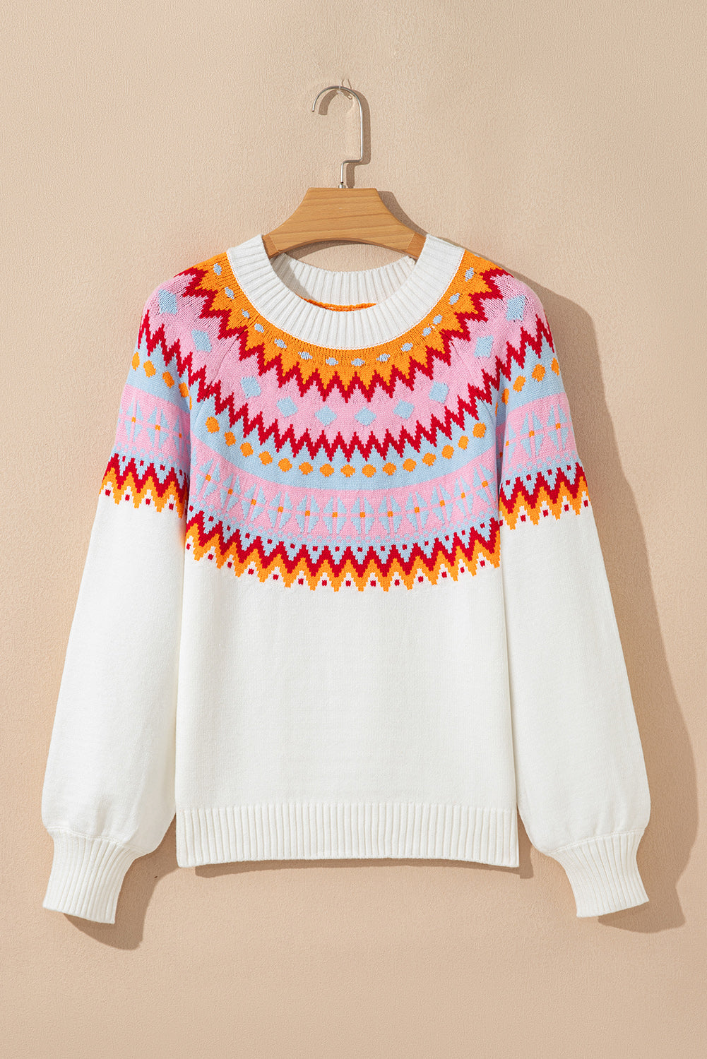 White Ethnic Geometric Colorblock Print Drop Shoulder Sweater-Sweaters & Cardigans/Sweaters-[Adult]-[Female]-2022 Online Blue Zone Planet