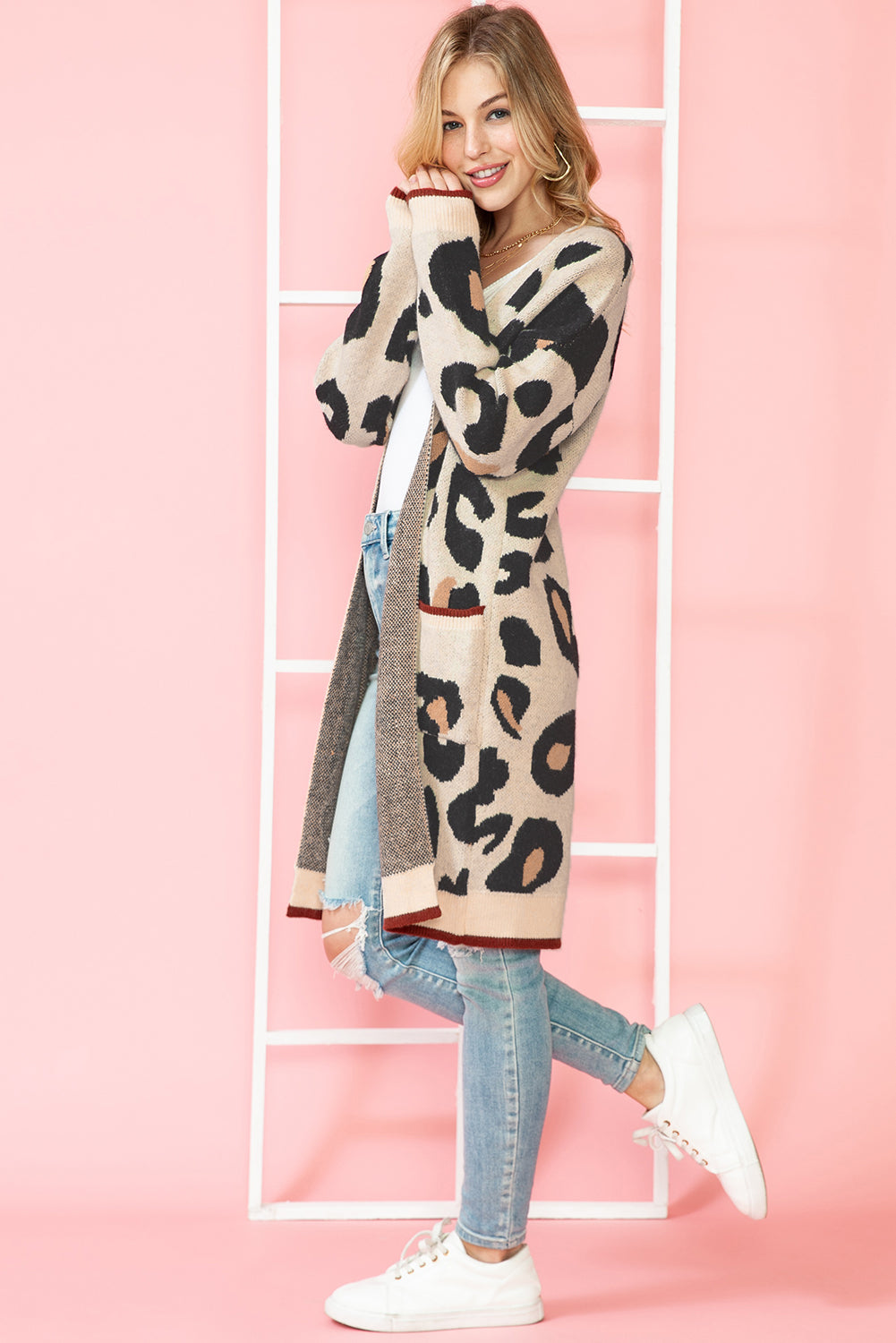 Blue Zone Planet | Leopard Print Open Front Pockets Midi Cardigan-Cardigans-[Adult]-[Female]-2022 Online Blue Zone Planet