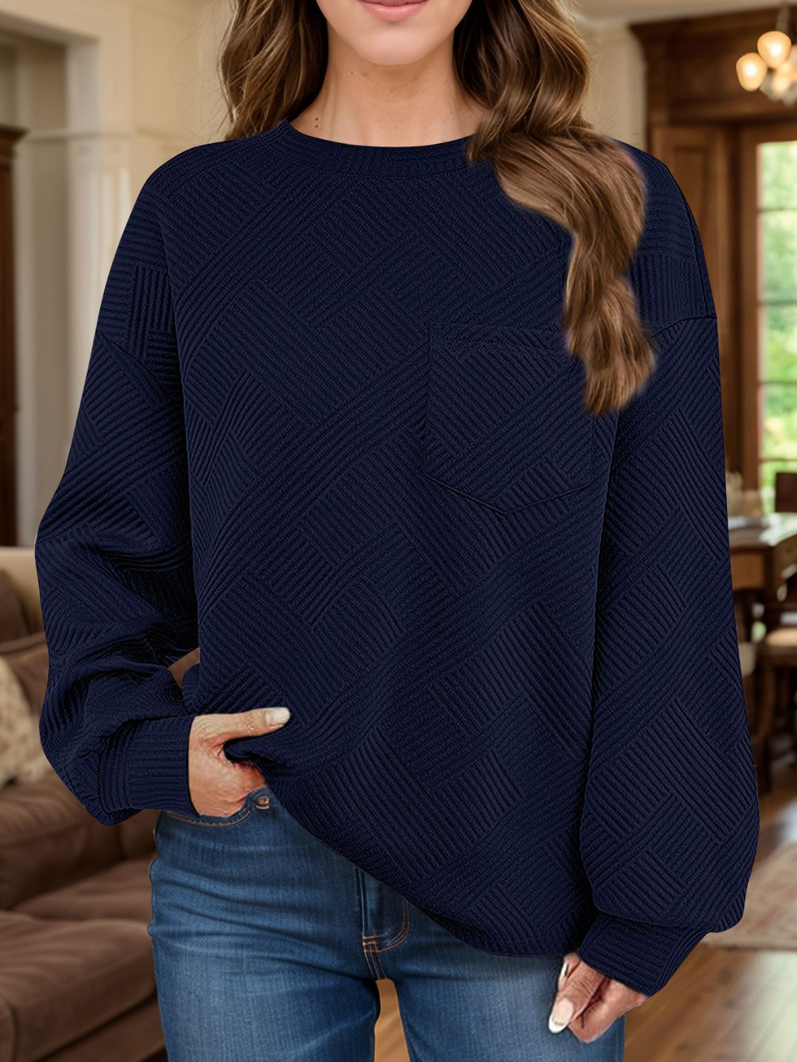 Full Size Texture Round Neck Long Sleeve Sweatshirt-TOPS / DRESSES-[Adult]-[Female]-2022 Online Blue Zone Planet