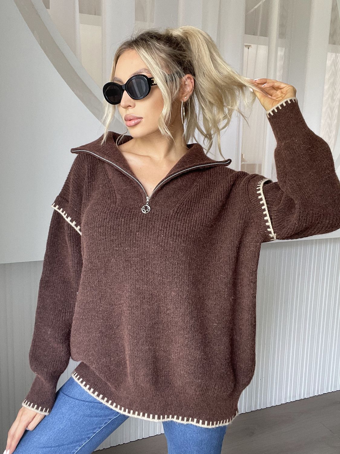 Quarter Zip Contrast Dropped Shoulder Sweater-TOPS / DRESSES-[Adult]-[Female]-Brown-One Size-2022 Online Blue Zone Planet