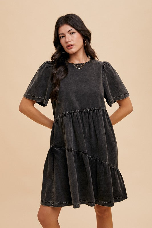 Annie Wear Mineral Washed Round Neck Short Sleeve Denim Dress-TOPS / DRESSES-[Adult]-[Female]-2022 Online Blue Zone Planet