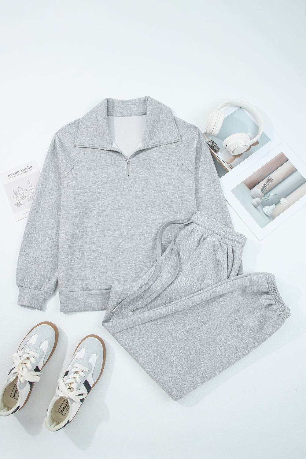 Light Grey Zip Collar Long Sleeve Top Drawstring Pants Set-Two Piece Sets/Pant Sets-[Adult]-[Female]-2022 Online Blue Zone Planet