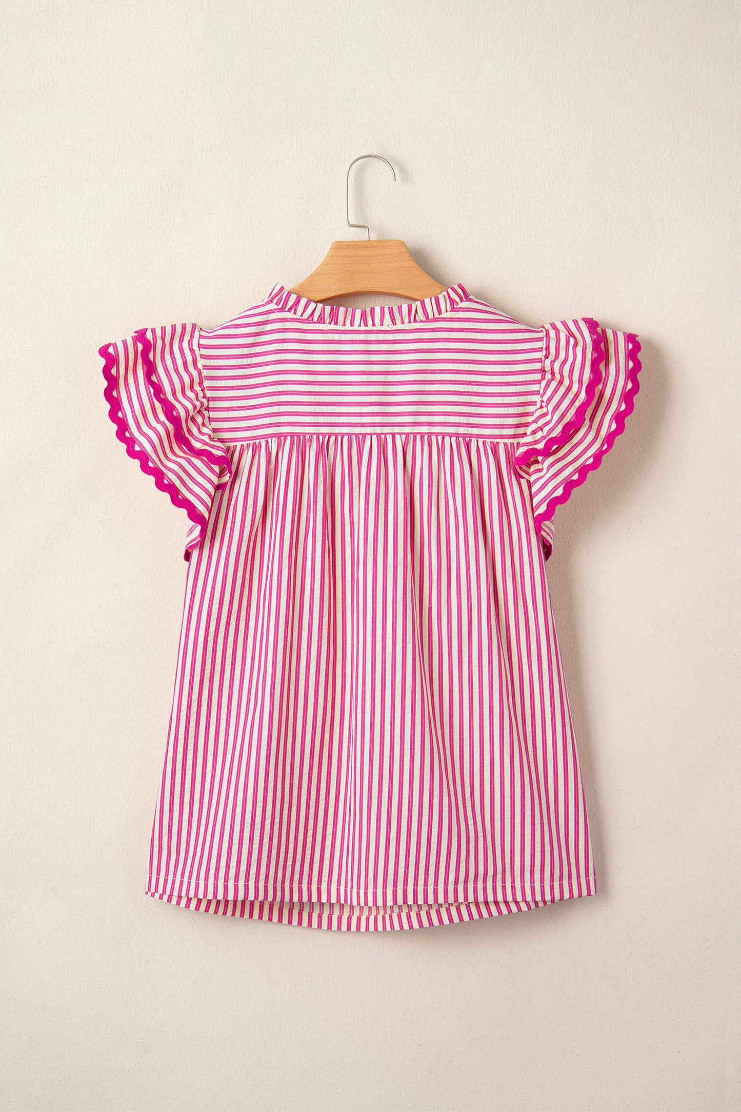 Rose Stripe Shirred Yoke Ruffled Short Sleeve Blouse-Tops/Blouses & Shirts-[Adult]-[Female]-2022 Online Blue Zone Planet