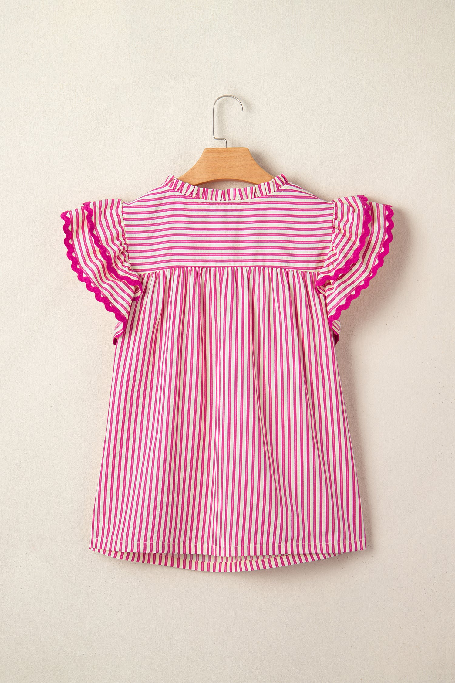 Rose Stripe Shirred Yoke Ruffled Short Sleeve Blouse-Tops/Blouses & Shirts-[Adult]-[Female]-2022 Online Blue Zone Planet