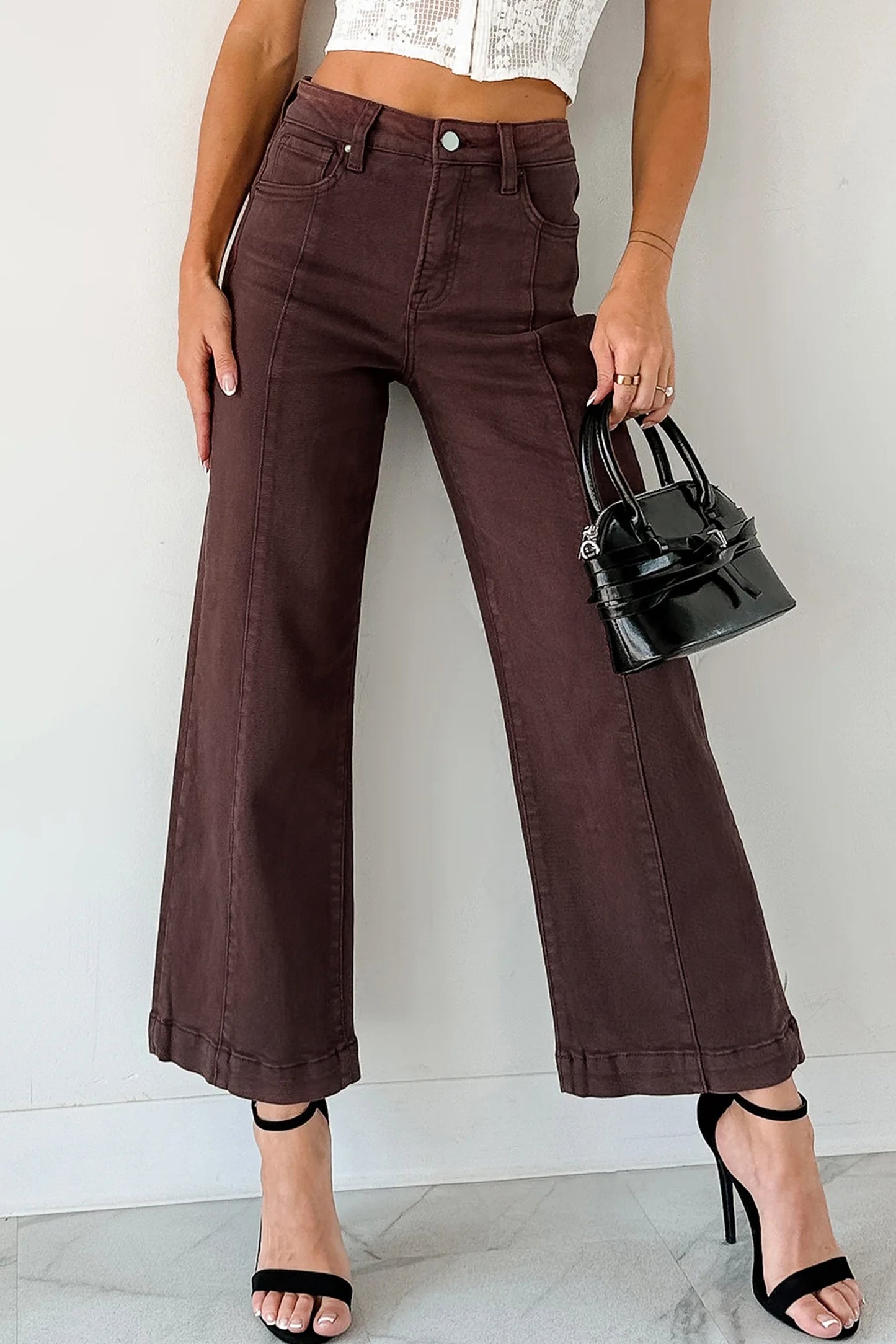 Red Sandalwood Solid Color Seamed Center Wide Leg Cropped Jeans-Bottoms/Jeans-[Adult]-[Female]-2022 Online Blue Zone Planet