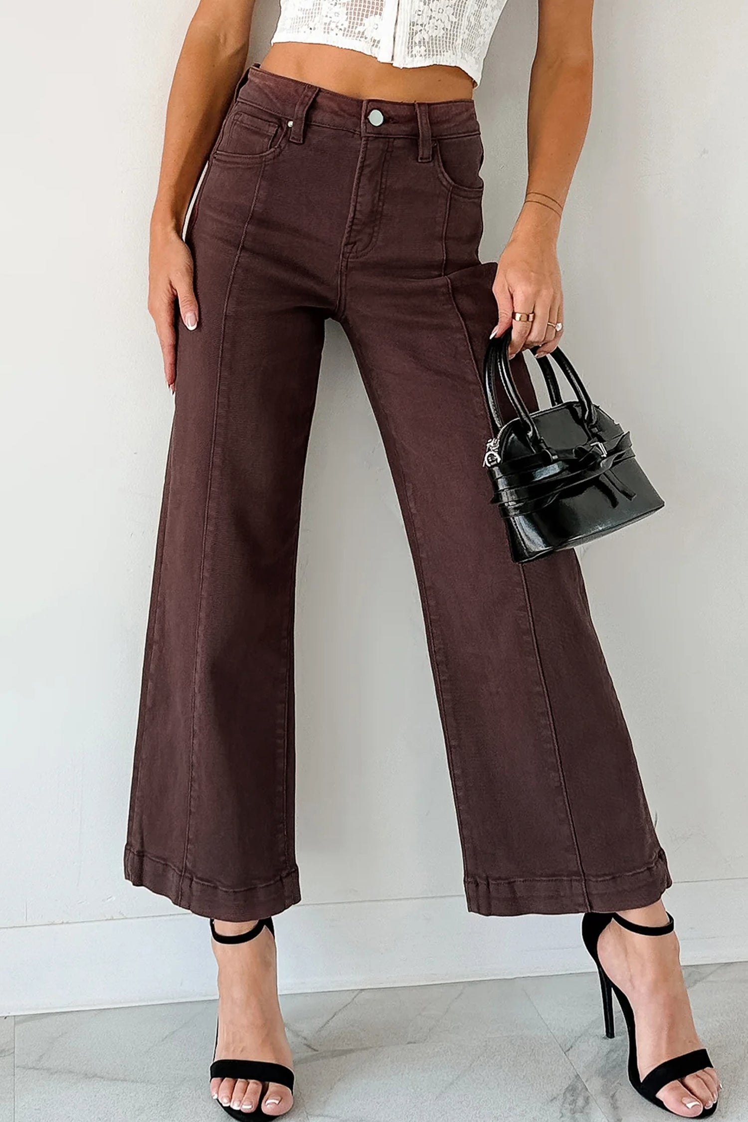 Red Sandalwood Solid Color Seamed Center Wide Leg Cropped Jeans-Bottoms/Jeans-[Adult]-[Female]-2022 Online Blue Zone Planet