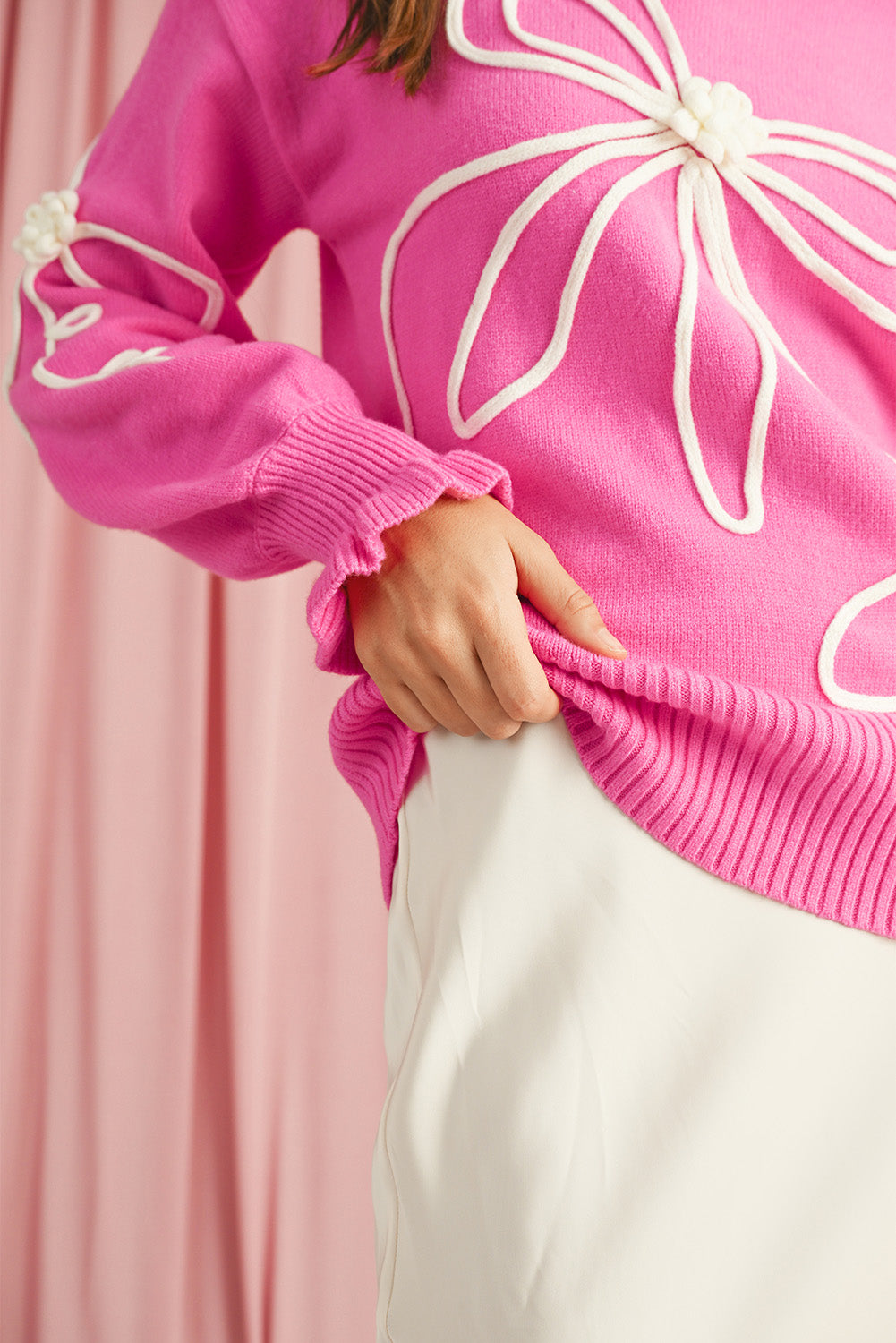 Blue Zone Planet | Bright Pink Sweet Bow Pattern Drop Sleeve Knit Sweater-Sweaters-[Adult]-[Female]-2022 Online Blue Zone Planet