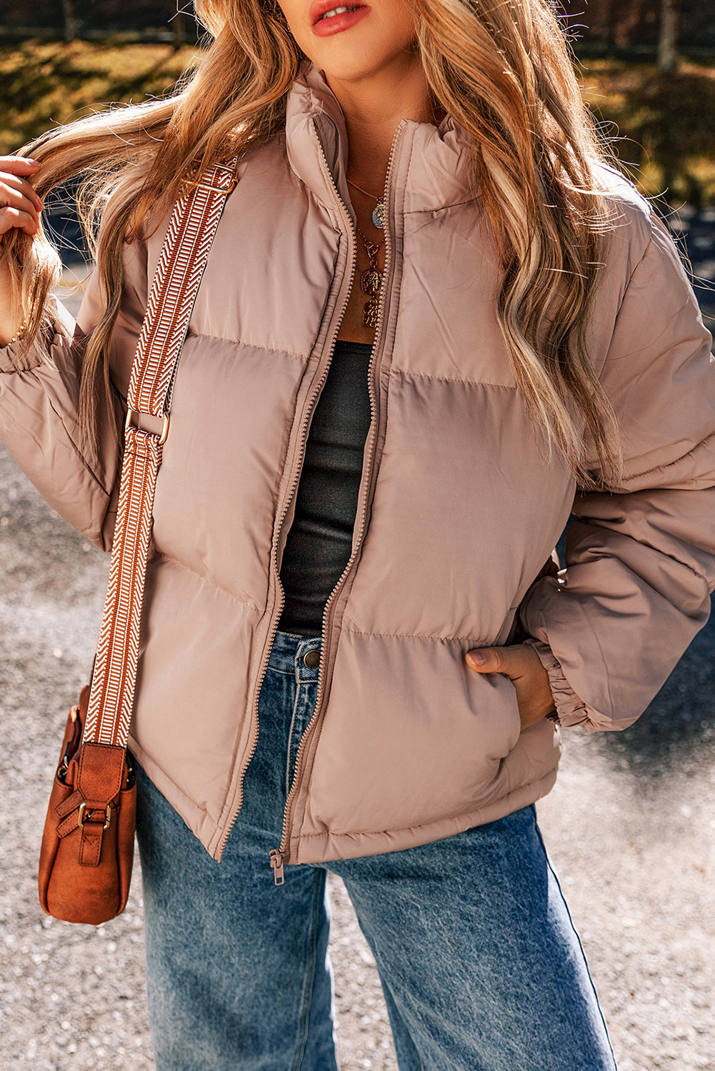 Apricot Pink Full Zipper Quilted Puffer Jacket-Outerwear/Jackets-[Adult]-[Female]-2022 Online Blue Zone Planet