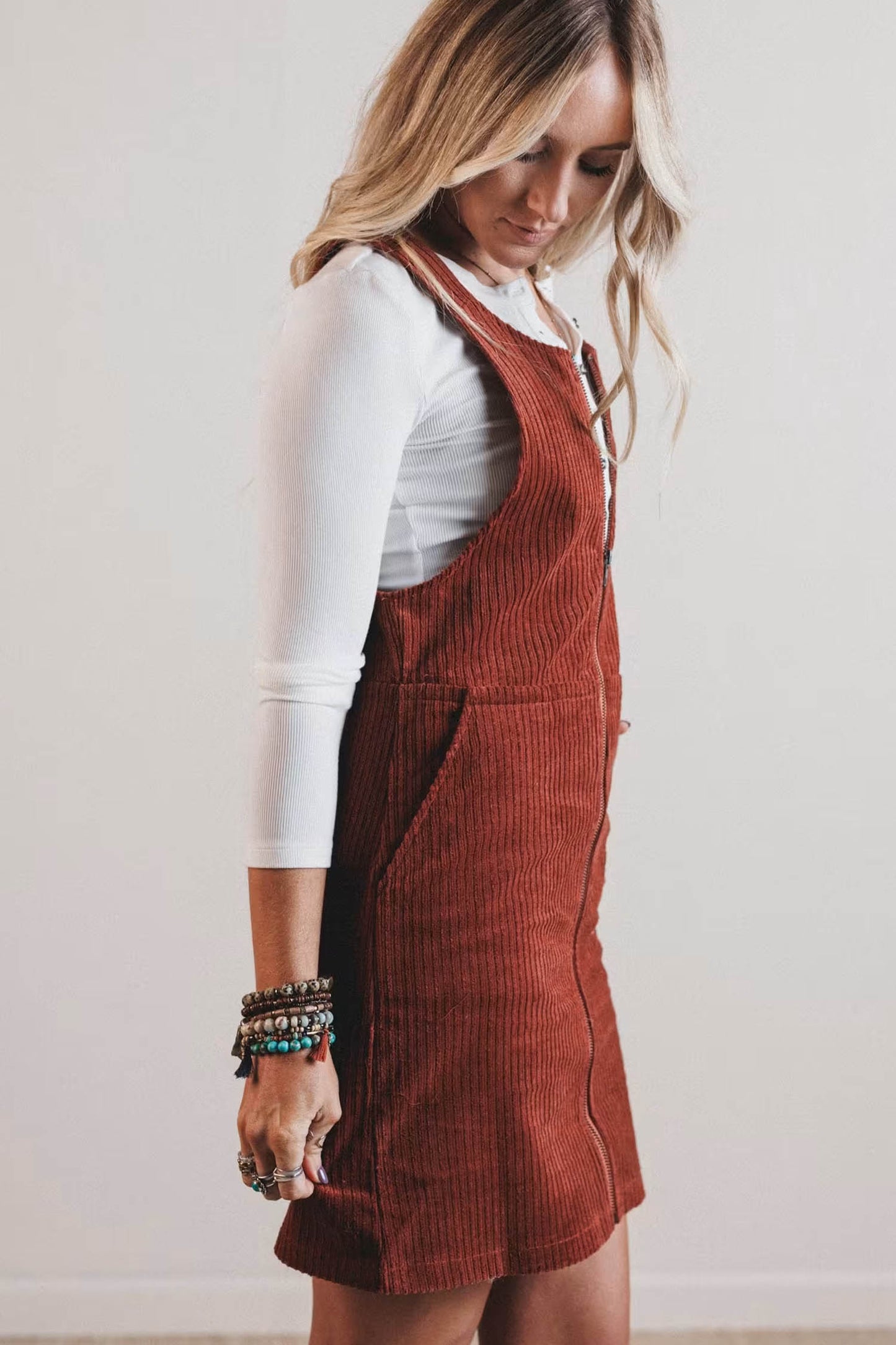 Clay Ribbed Corduroy Zip-Up Sleeveless Pocket Sheath Dress-Dresses/Mini Dresses-[Adult]-[Female]-2022 Online Blue Zone Planet