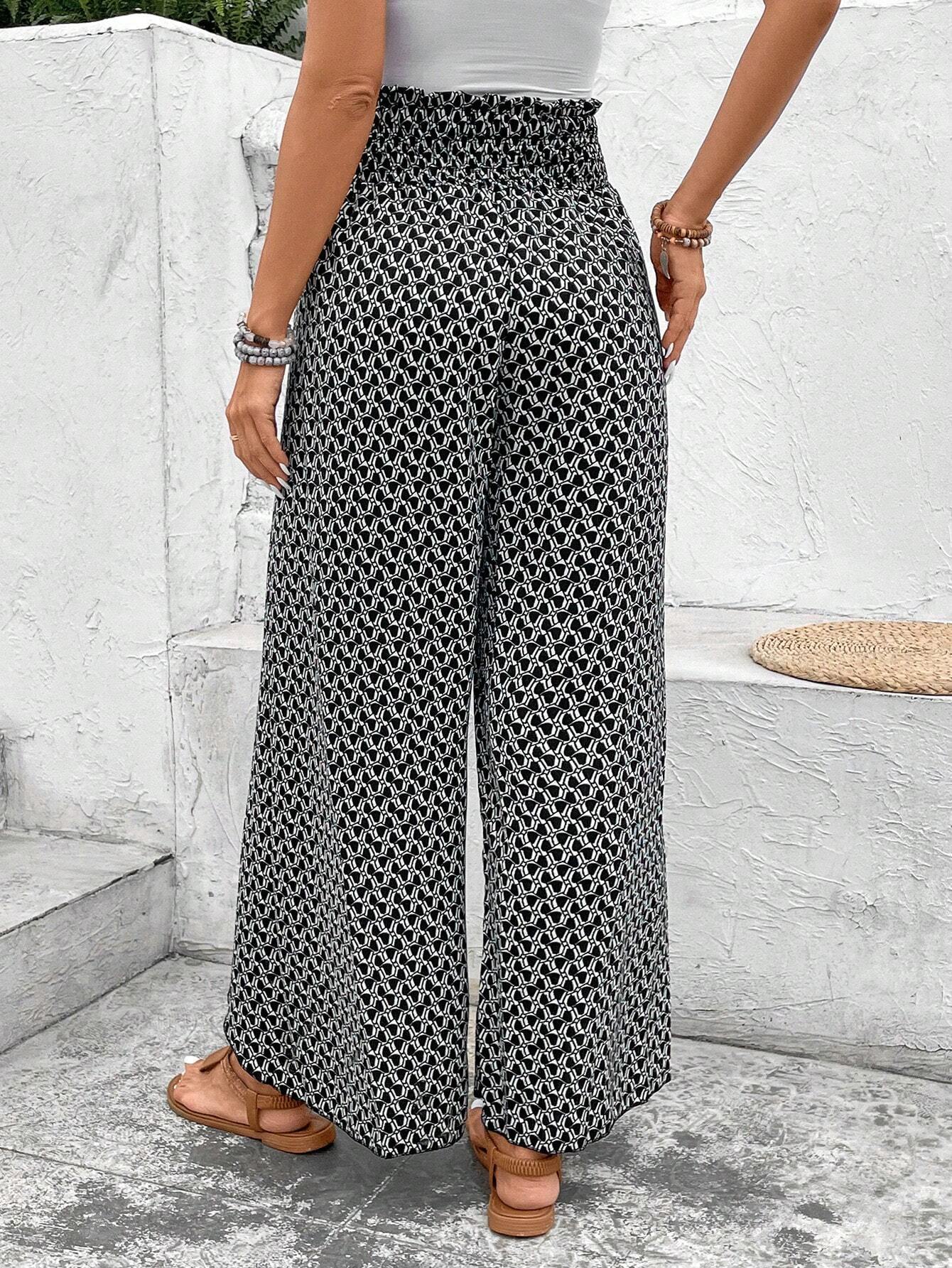 Black Bohemian Print Slit Wide Leg Smocked High Waist Pants-Bottoms/Pants & Culotte-[Adult]-[Female]-2022 Online Blue Zone Planet
