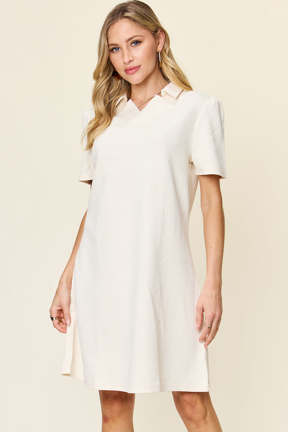 Blue Zone Planet | Double Take Full Size Texture Collared Neck Short Sleeve Dress-TOPS / DRESSES-[Adult]-[Female]-White-S-2022 Online Blue Zone Planet