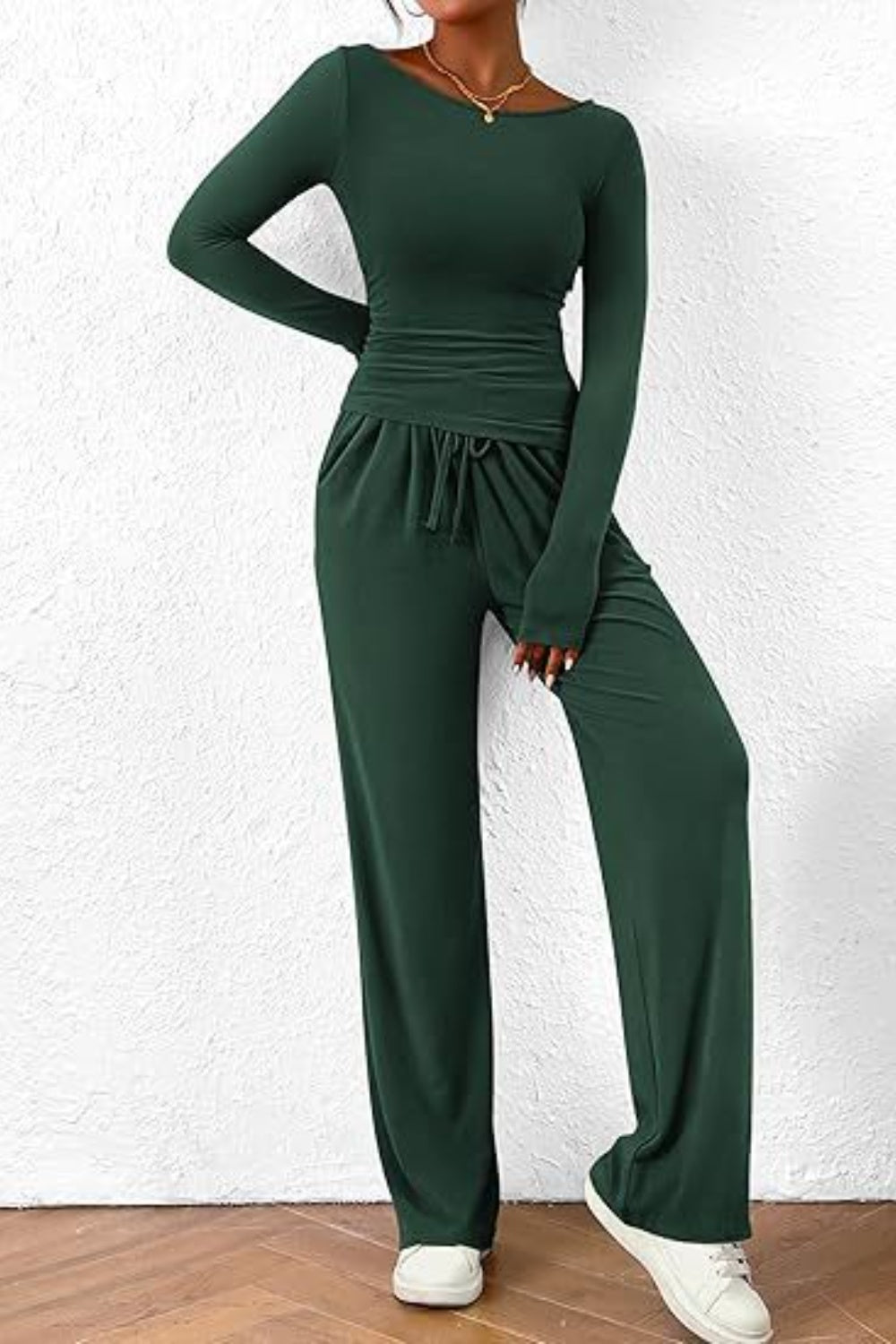 Round Neck Long Sleeve Top and Pants Set-TOPS / DRESSES-[Adult]-[Female]-Dark Green-XS-2022 Online Blue Zone Planet