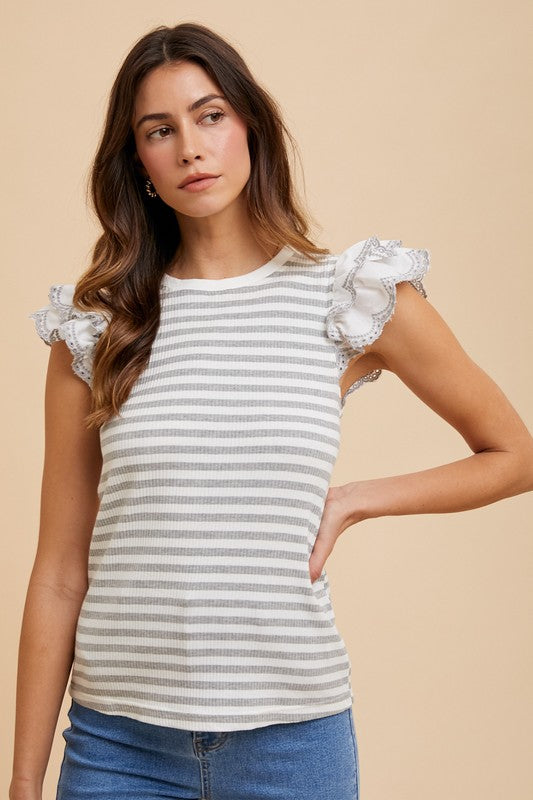 Annie Wear Ruffled Striped Round Neck Cap Sleeve Knit Top-TOPS / DRESSES-[Adult]-[Female]-Light Gray-S-2022 Online Blue Zone Planet