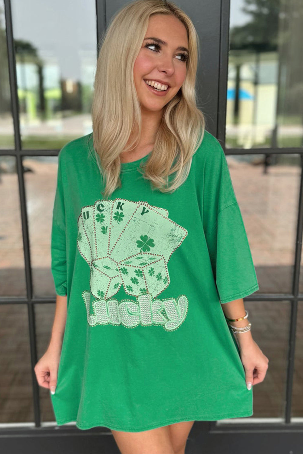 Bright Green Rhinestone Lucky Poker Cards Oversized T Shirt Mini Dress-TOPS / DRESSES-[Adult]-[Female]-2022 Online Blue Zone Planet