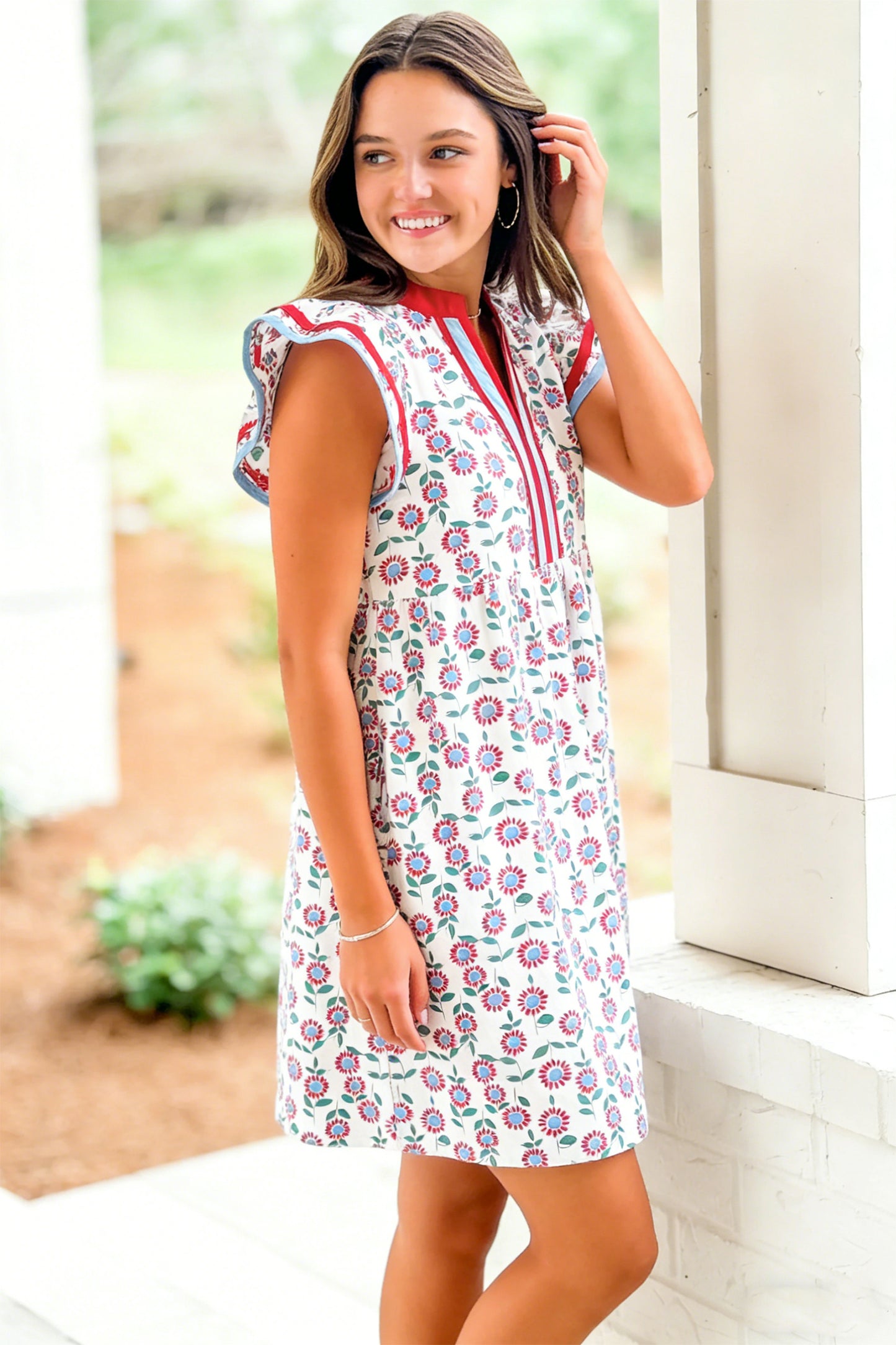 Sky Blue Floral Print Contrast Trim Flutter Sleeve Mini Dress-Dresses/Floral Dresses-[Adult]-[Female]-2022 Online Blue Zone Planet