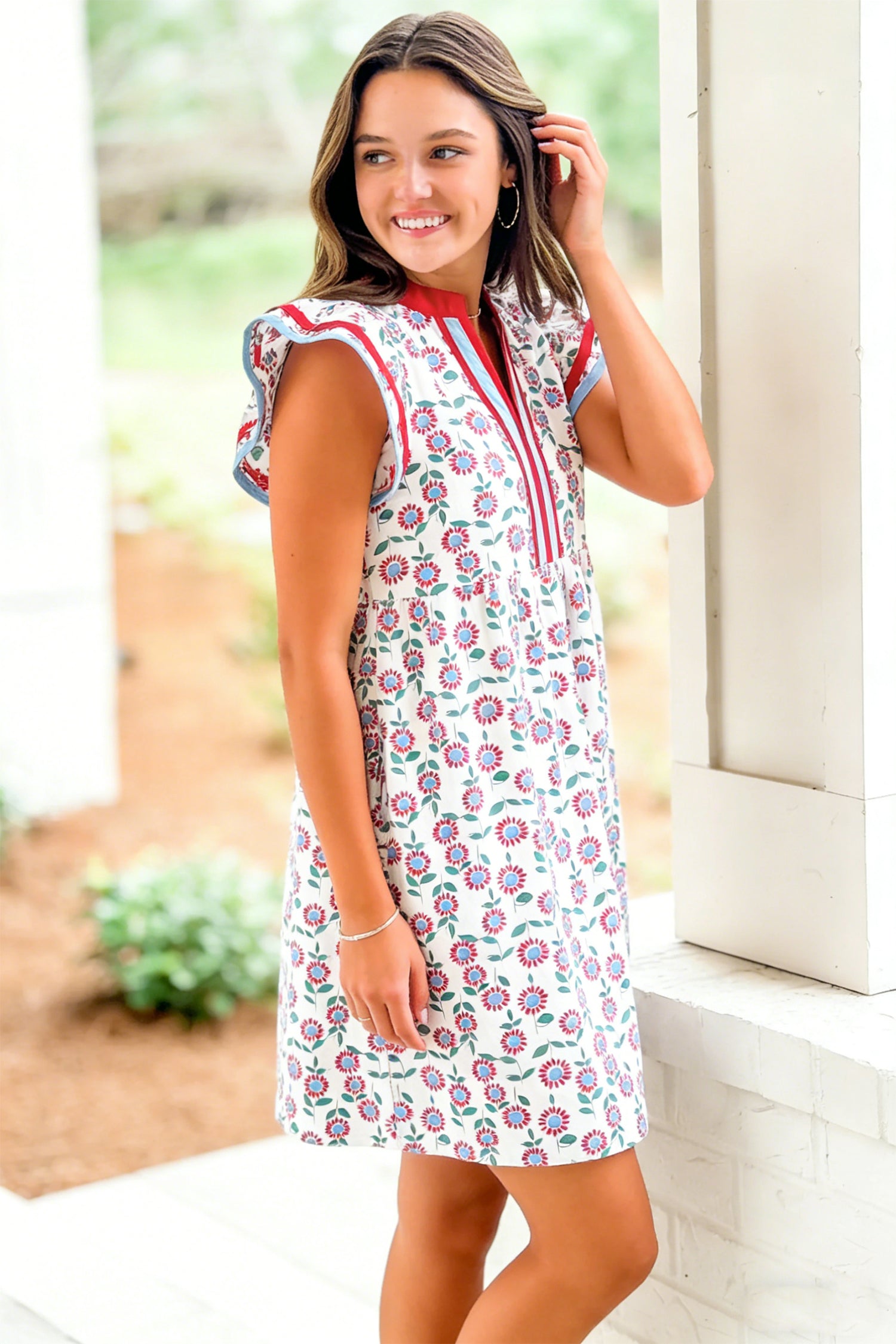 Sky Blue Floral Print Contrast Trim Flutter Sleeve Mini Dress-Dresses/Floral Dresses-[Adult]-[Female]-2022 Online Blue Zone Planet