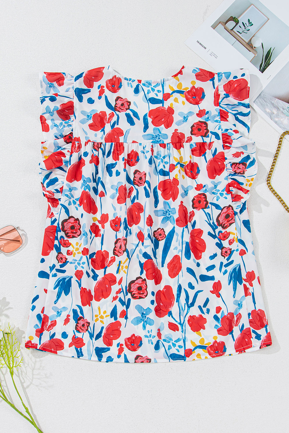 Red Flowers Pintuck Detail V-Neck Ruffled Sleeve Top-Tops/Blouses & Shirts-[Adult]-[Female]-2022 Online Blue Zone Planet