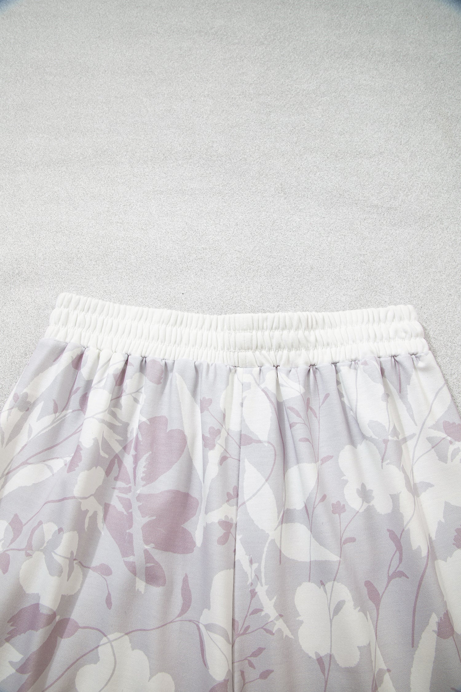 Gray Floral Print Wide Leg Ankle-Length Elastic Waistband Pants-Bottoms/Pants & Culotte-[Adult]-[Female]-2022 Online Blue Zone Planet