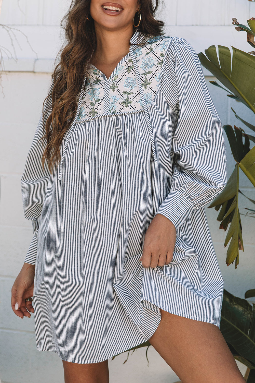 Blue Zone Planet | Black Stripe Floral Patchwork Tied V Neck Shift Long Sleeve Mini Dress-TOPS / DRESSES-[Adult]-[Female]-2022 Online Blue Zone Planet