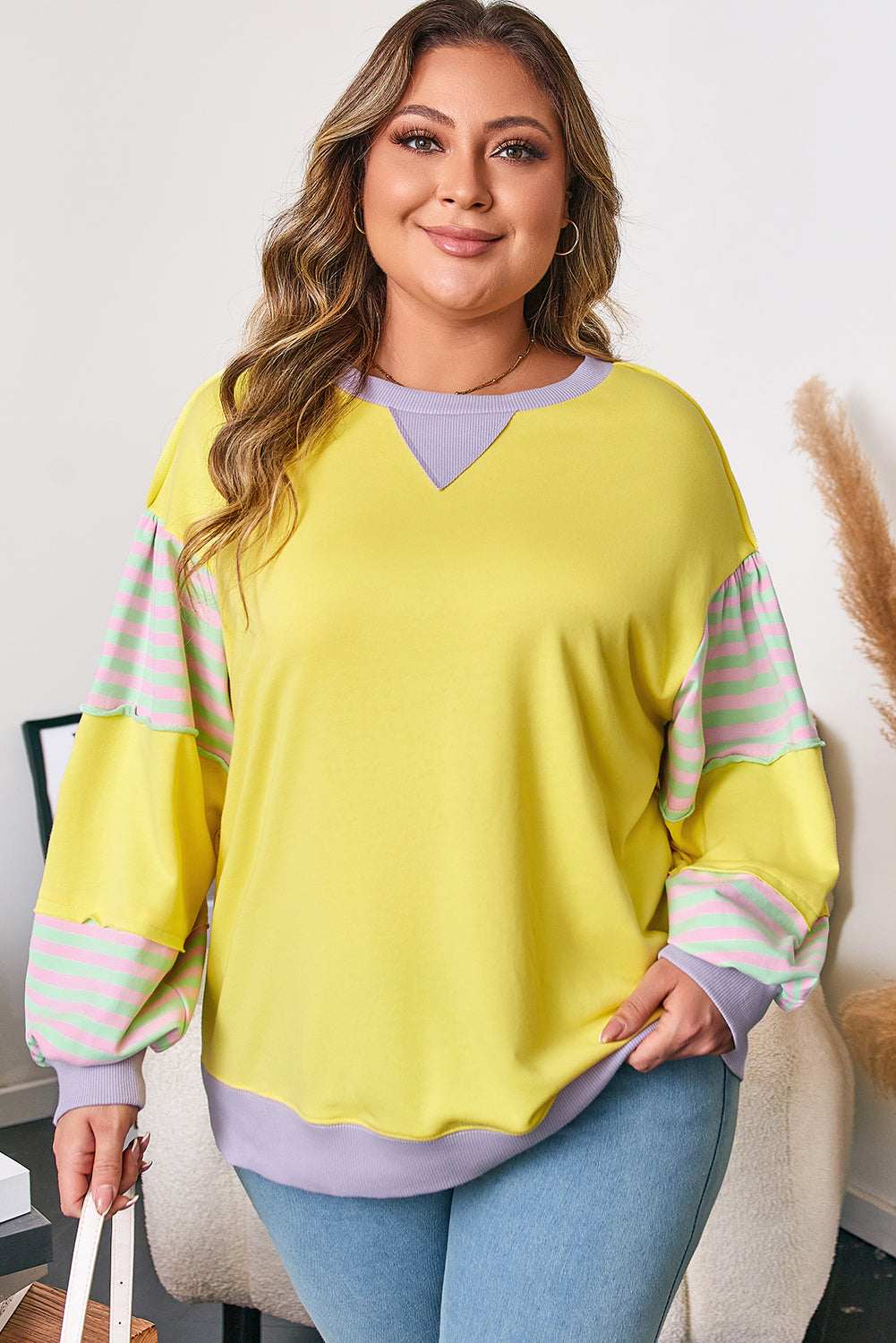 Yellow Striped Color Block Patchwork Crewneck Plus Size Pullover Sweatshirt-Plus Size/Plus Size Sweatshirts & Hoodies-[Adult]-[Female]-2022 Online Blue Zone Planet