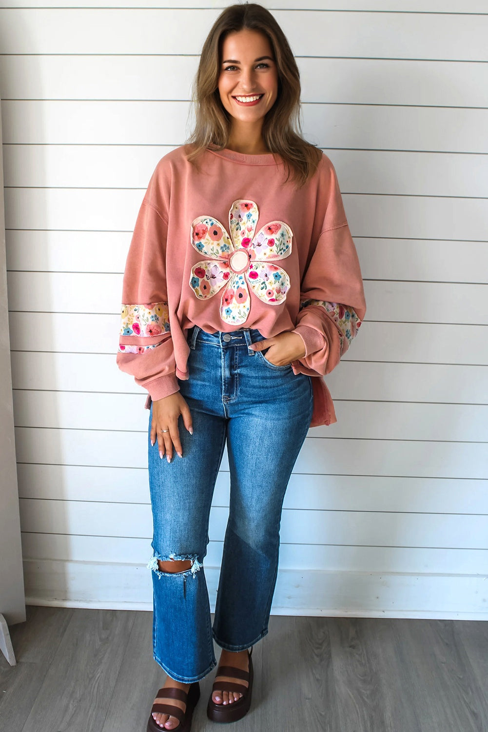 Peach Blossom Floral Applique Baggy Pullover Sweatshirt-Tops/Sweatshirts & Hoodies-[Adult]-[Female]-2022 Online Blue Zone Planet