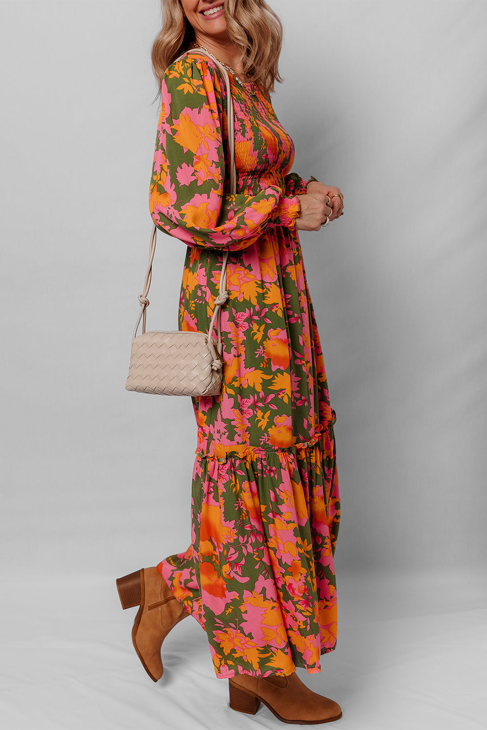 Orange Floral Puff Sleeve Smocked Bodice Ruffled Long Dress-TOPS / DRESSES-[Adult]-[Female]-2022 Online Blue Zone Planet